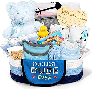 Baby Gift Set for Newborn, New Baby Boy Gift Basket, Newborn Essentials Hat Onesie Bear Toys Keepsake Blanket Infant Diaper Changing Pad Bibs, Baby Shower Gifts for Boys