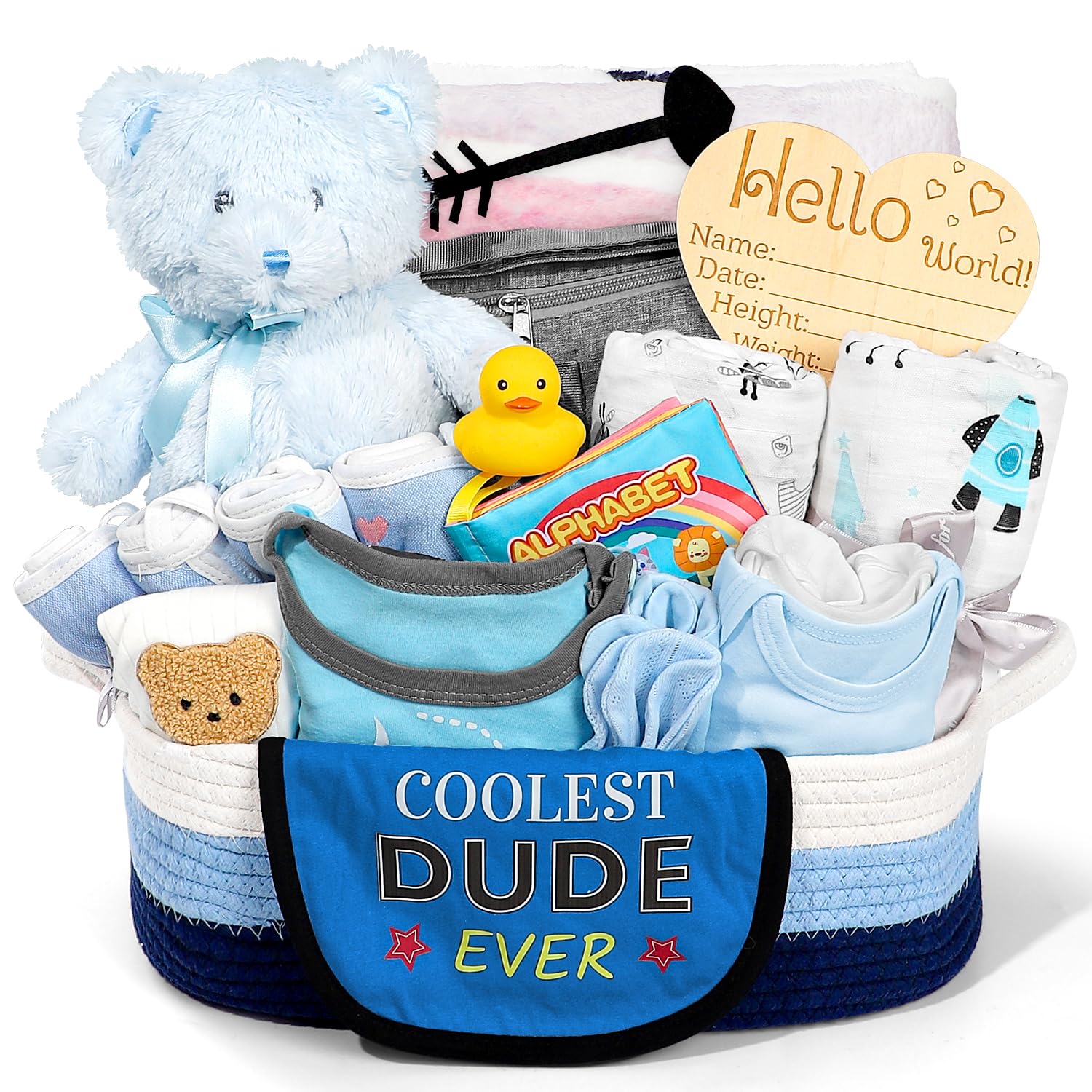 Baby Gift Set for Newborn, New Baby Boy Gift Basket, Newborn Essentials Hat Onesie Bear Toys Keepsake Blanket Infant Diaper Changing Pad Bibs, Baby Shower Gifts for Boys
