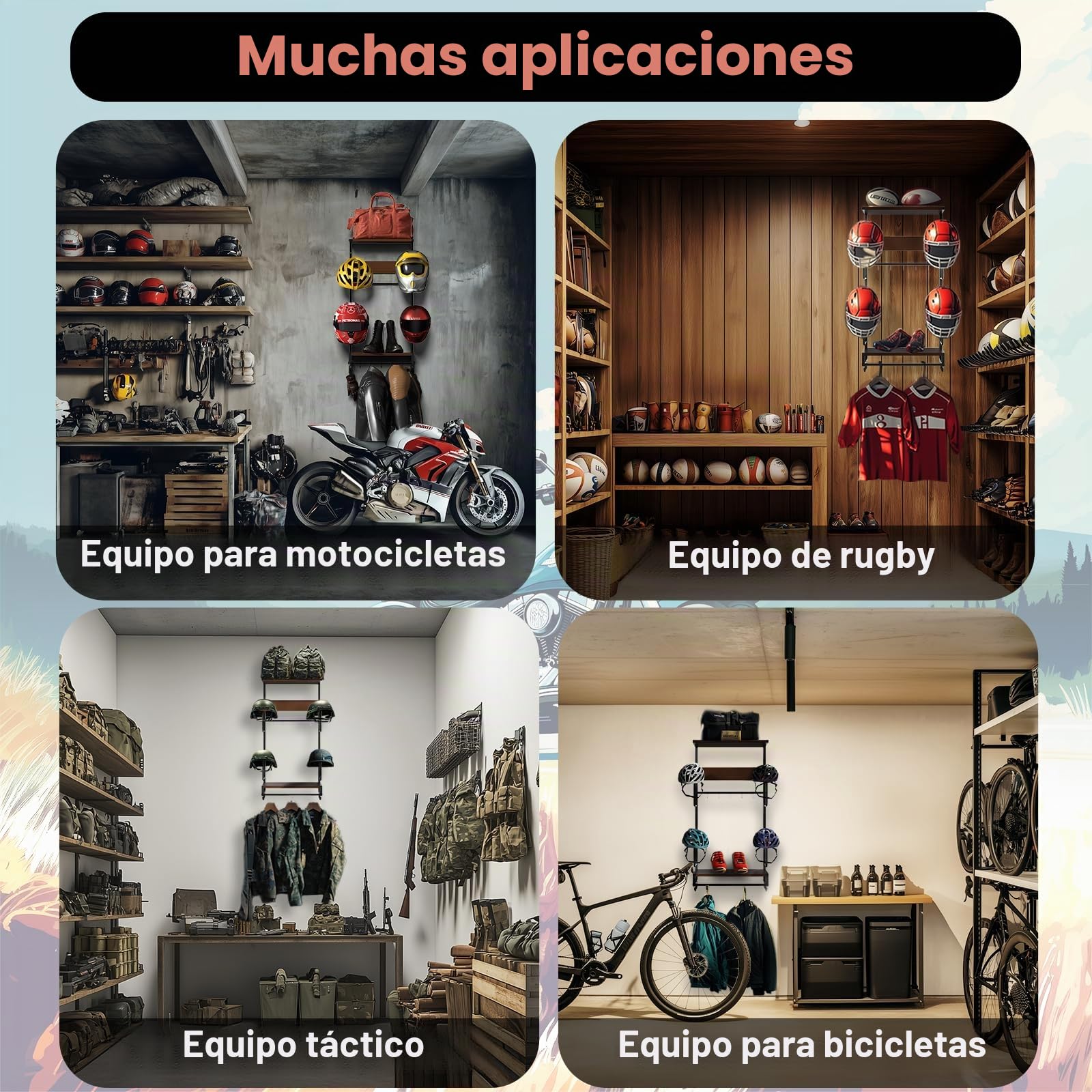 Colgador Casco Moto Pared Perchero para Casco Soporte para colagar el Casco y la Chaqueta Gancho Con Tablero de Madera de 2 Capas para Guardar Accesorios de Motocicleta