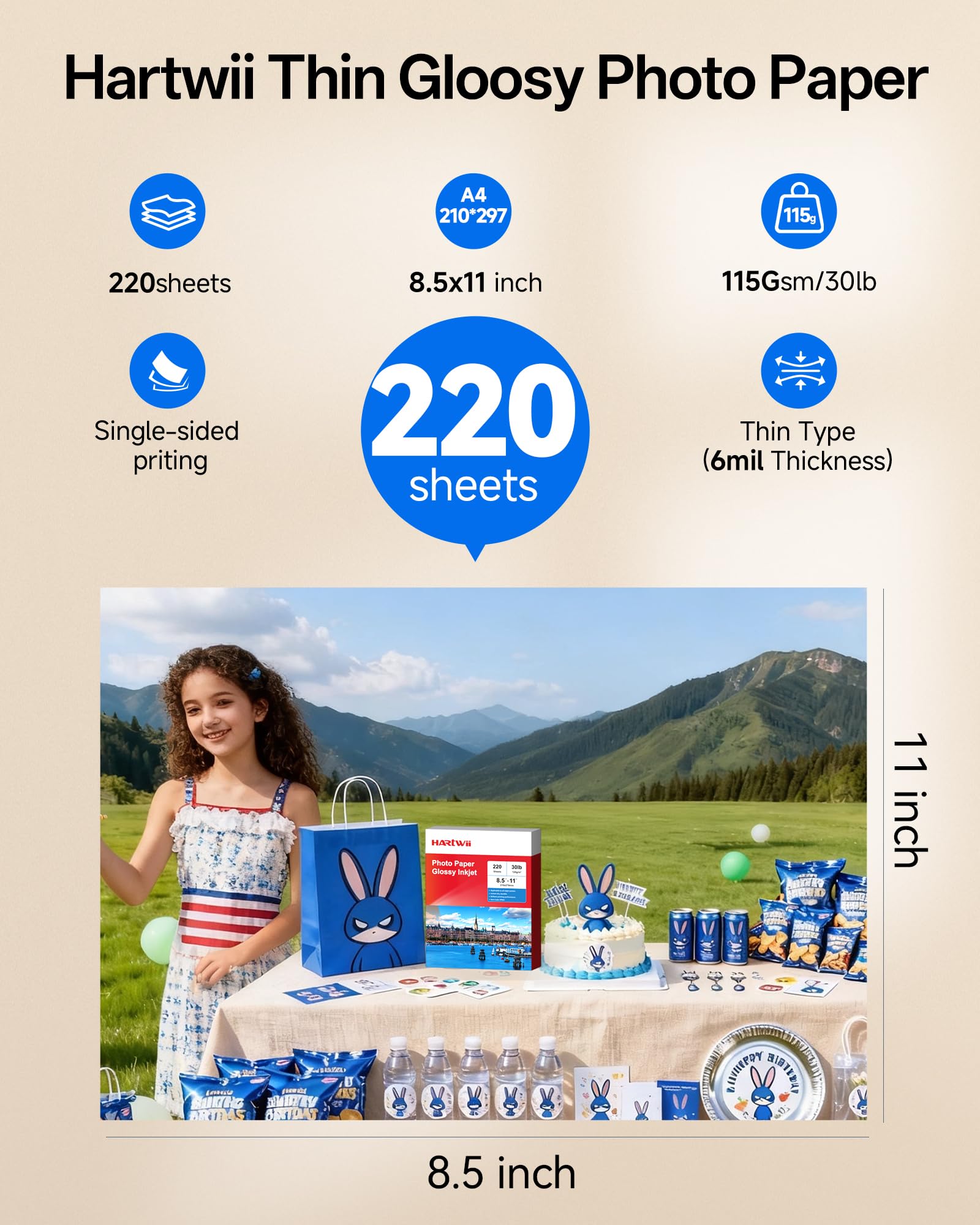 220 Blatt dünnes Papier, glänzend, für Tintenstrahldrucker, 21,6 x 27,9 cm, 13,6 kg, 120 g/m², A4, Briefgröße, geeignet für alle Farbstoffdrucker HP001