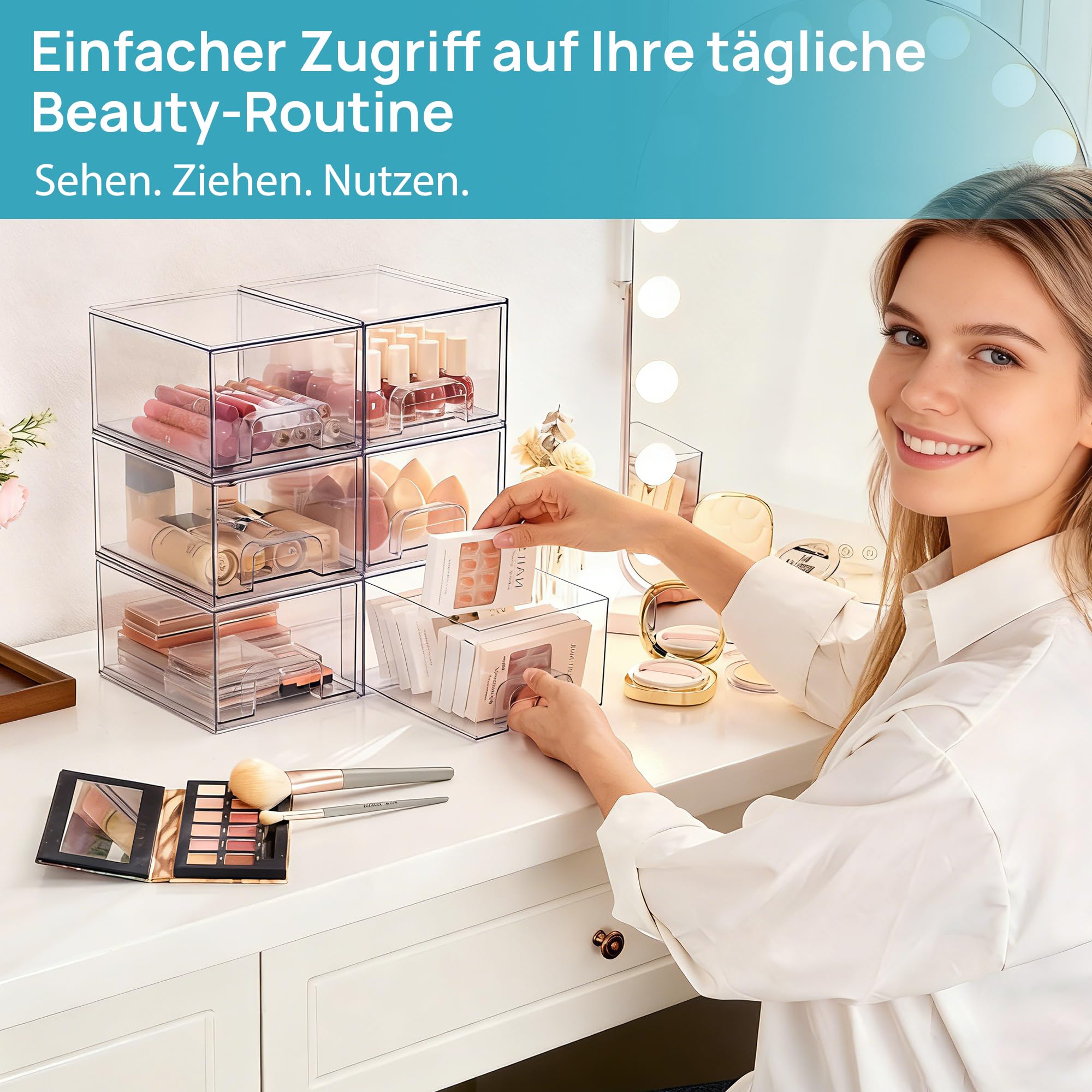 Vtopmart 4er-Set Kleine Stackable Storage Drawers, Acrylic Organiser with 32 Non-slip Mat, Aufbewahrung und Organisation for Dresser, Bathroom, Kosmetik, Küche, Vorratsschrank