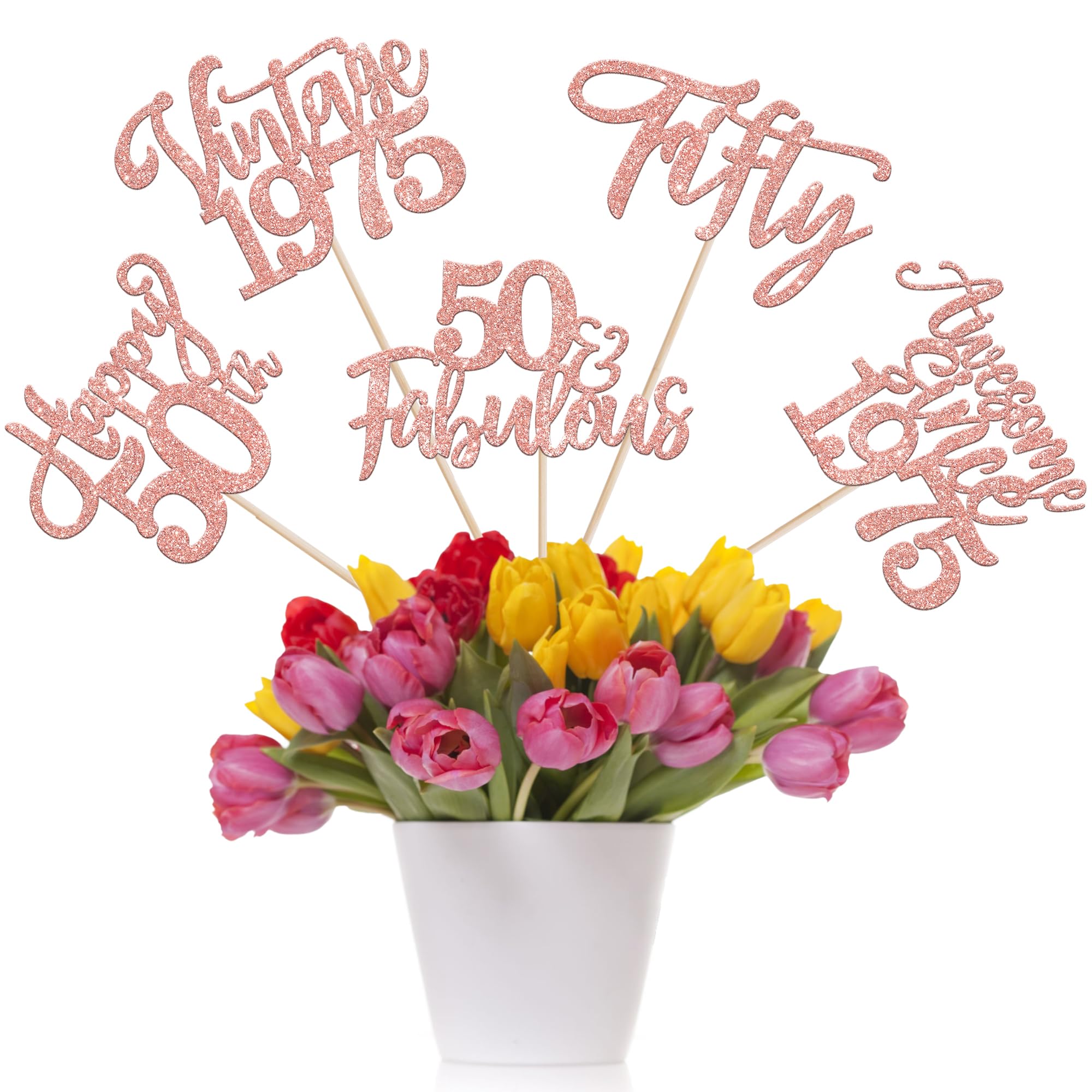 15 Pack Happy 50th Birthday Centerpiece Sticks Assembled Glitter Vintage 1975 Fifty 50 Fabulous Awesome Since 1975 Table Centerpiece Sticks for 50 Fabulous Theme Party Supplies Rose Gold