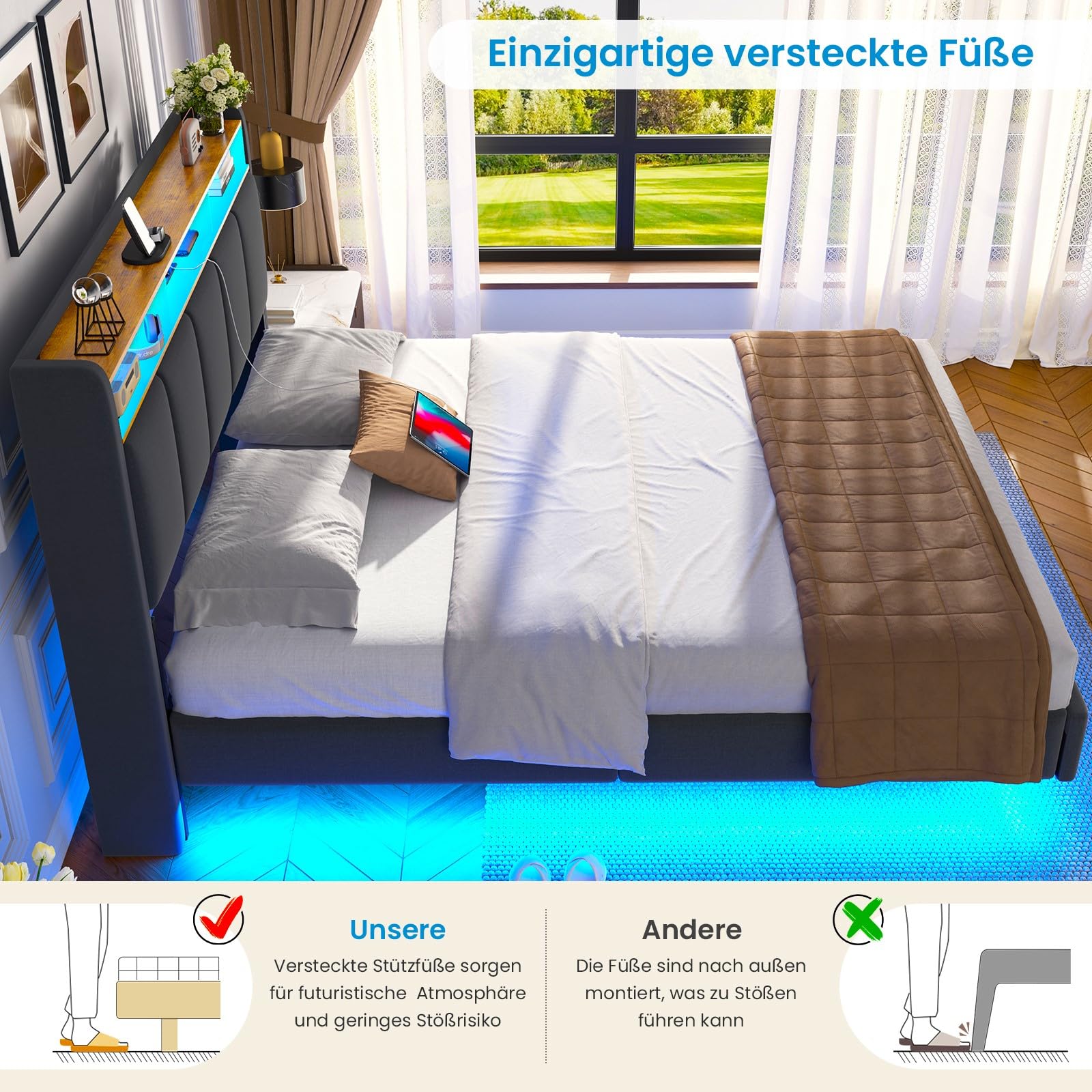 Brinlawb Polsterbett 140x200 cm Schwebebett mit LED-Beleuchtung, Kopfteil und Ladestation(2 AC-Steckdosen, 2 USB-Anschlüsse), Bett 140x200 mit Stauraum, Modern Doppelbett mit lattenrost, Leinen, Grau