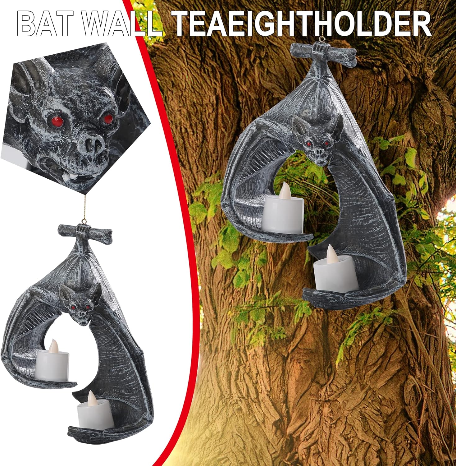 Bat Wall Tealight Holder,Halloween Bat Candle Decorations Gothic Bat Wall Sconce Candle Holder with Candles,Halloween Candlestick Hanging Decoration - Image 2