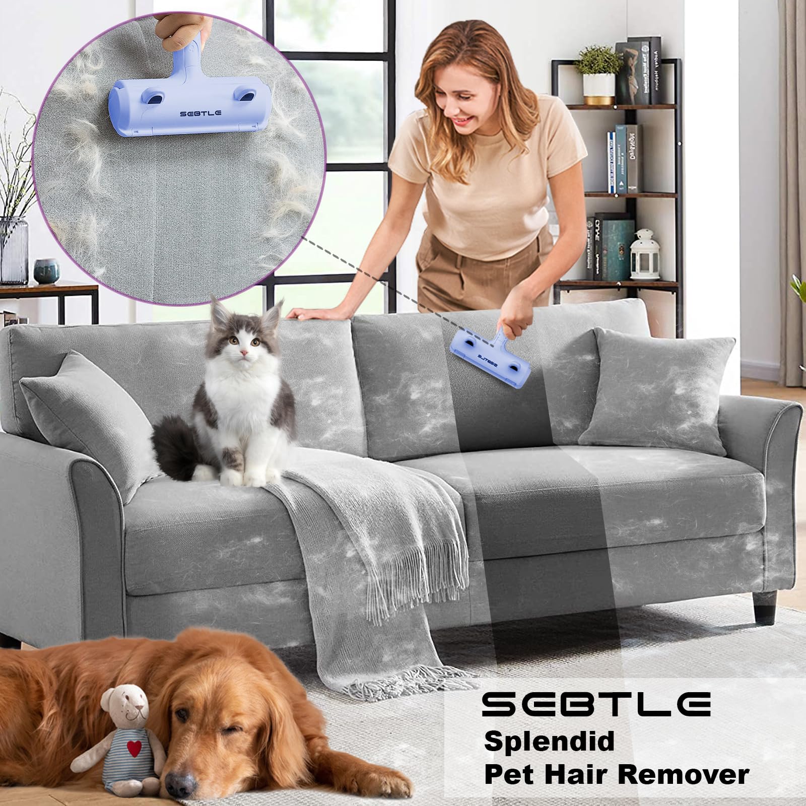 Sebtle Pet Hair Remover Roller,Reusable Animal Hair Removal Brush for Dogs and Cats,Lint Remover Easy to Clean Pet Fur from Carpet,Sofa,Bedding,Furniture and Rugs,Blue - Image 2