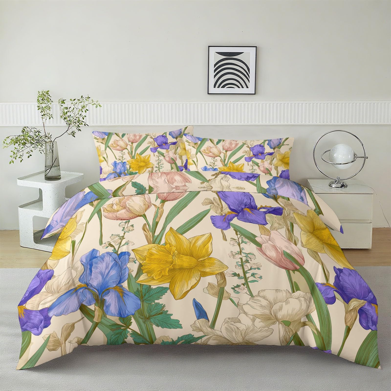 Zestaw poszewek na kołdrę w stylu retro 230 x 220 cm, hipoalergiczna, ultramiękka pościel z 4 narożnymi wiązaniami i zamkiem błyskawicznym, beżowa poszewka na kołdrę do dekoracji domu