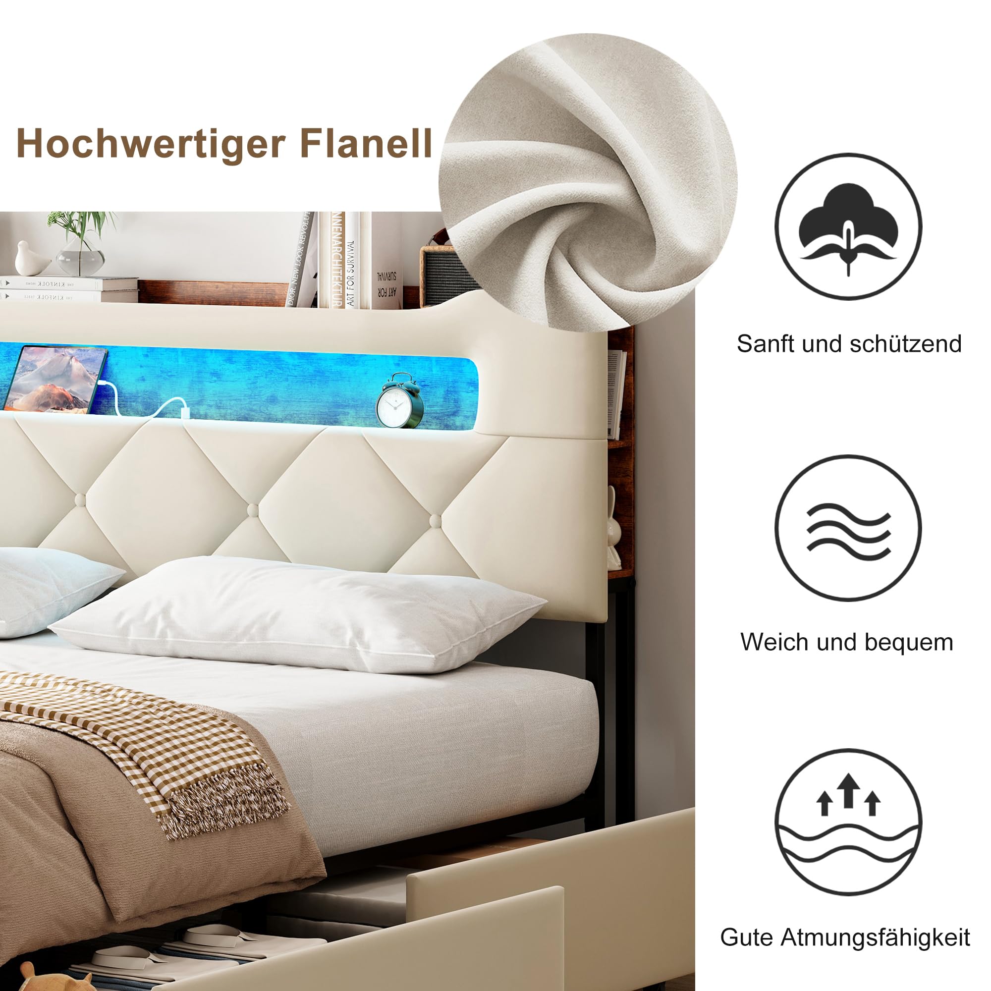 TITA-DONG Polsterbett 160x200cm mit LED und USB Ladestation, Stauraumbett mit 4 Schubladen und Staufach-Kopfteil, Doppelbett mit Lattenrost, Flanell, ohne Matratze (Beige A)
