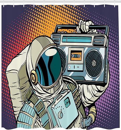 Miniatura 2 de Lunarable Cortina de ducha de rapero, astronauta con un boombox retro para escuchar música en el espacio, impresión de audio de tira cómica, juego