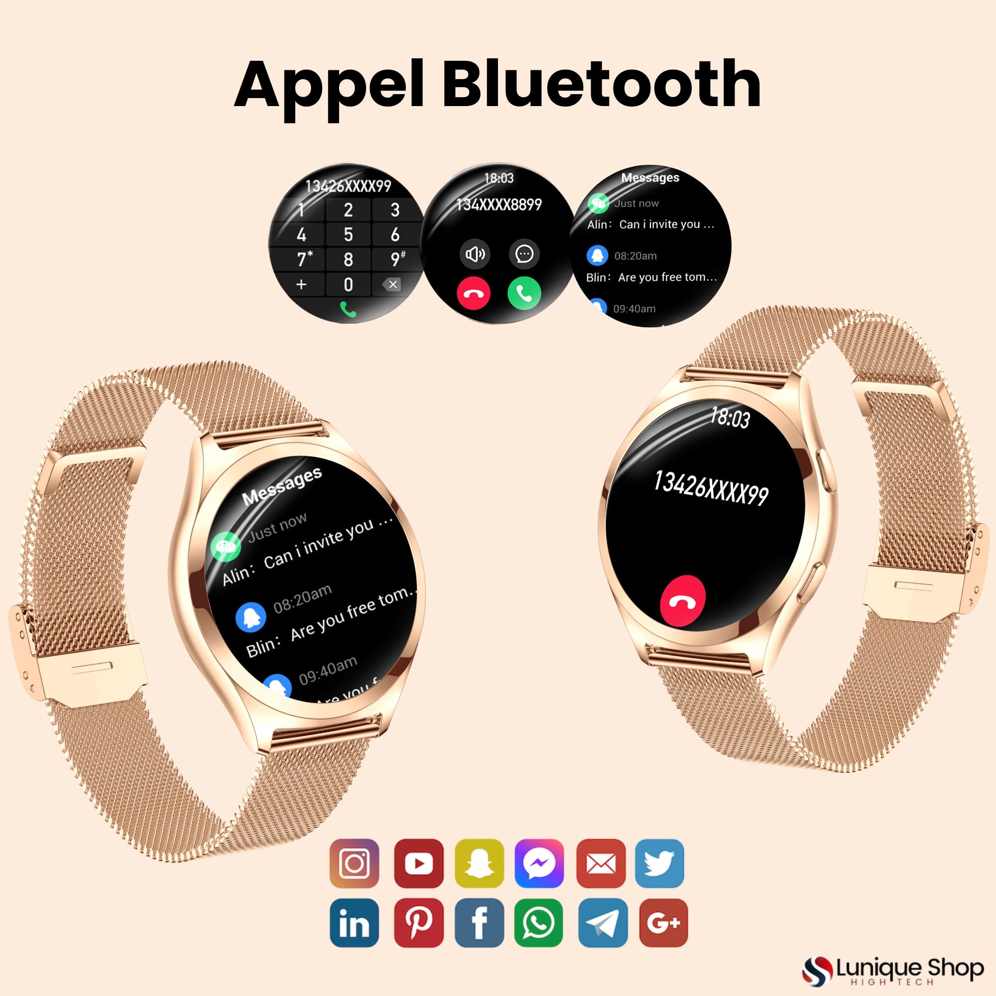 LSWATCH V2 Montre Connectée Femme avec Appel Bluetooth 1.6"- Smartwatch Oxygene Sanguin Tension Fréquence Cardiaque Podomètre Sommeil Météo 2 Bracelets Intelligent iOS Android +100 Sport