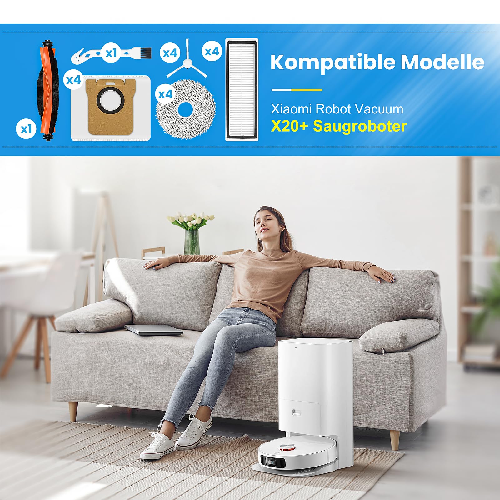 18 sztuk akcesoriów do Xiaomi Robot Vacuum X20+, 1 szczotka główna, 4 worki na kurz, 4 ściereczki do wycierania, 4 szczotki boczne, 4 filtry