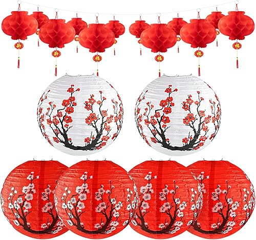 18 decoraciones de fiesta Hibachi, juego de farol japonés de flor de cerezo de 12 pulgadas y linternas chinas rojas, suministros para fiestas