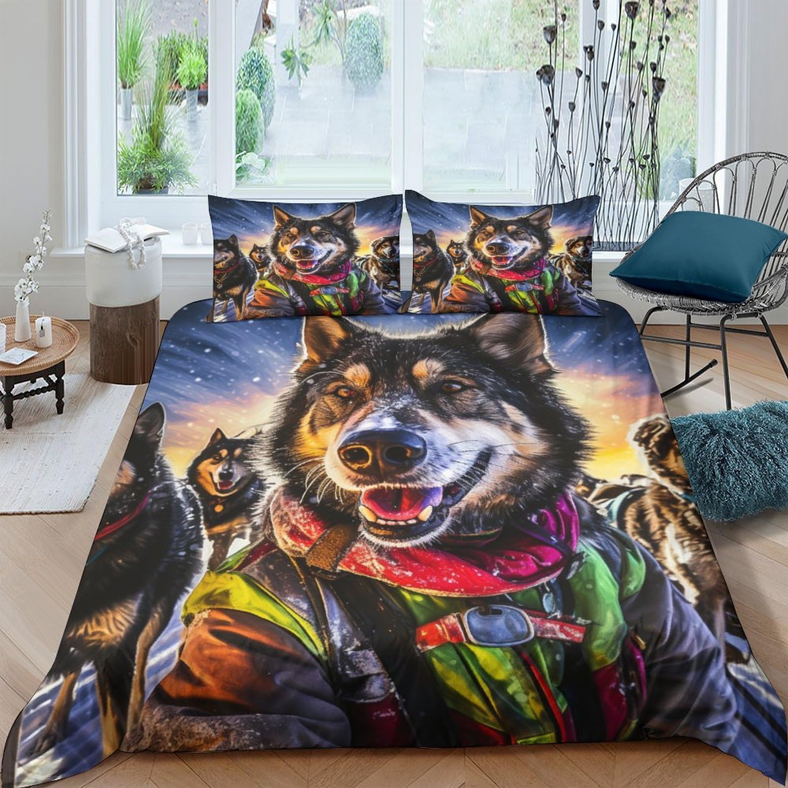Housse de couette chien de traineau parure de lit 3d microfibre 200x200
