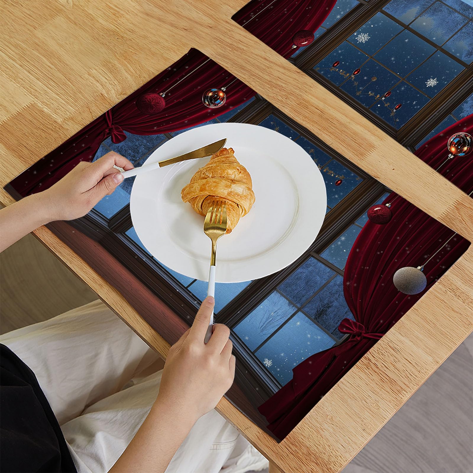Platzset Weihnachten, 8er Set Tischsets Nachthimmel Schneeszene, 30x45 cm Natur Winter Wald Platzsets Abwaschbar, Blau Leinen Weihnachts Tischset Für Party und Tisch Weihnachtsdeko