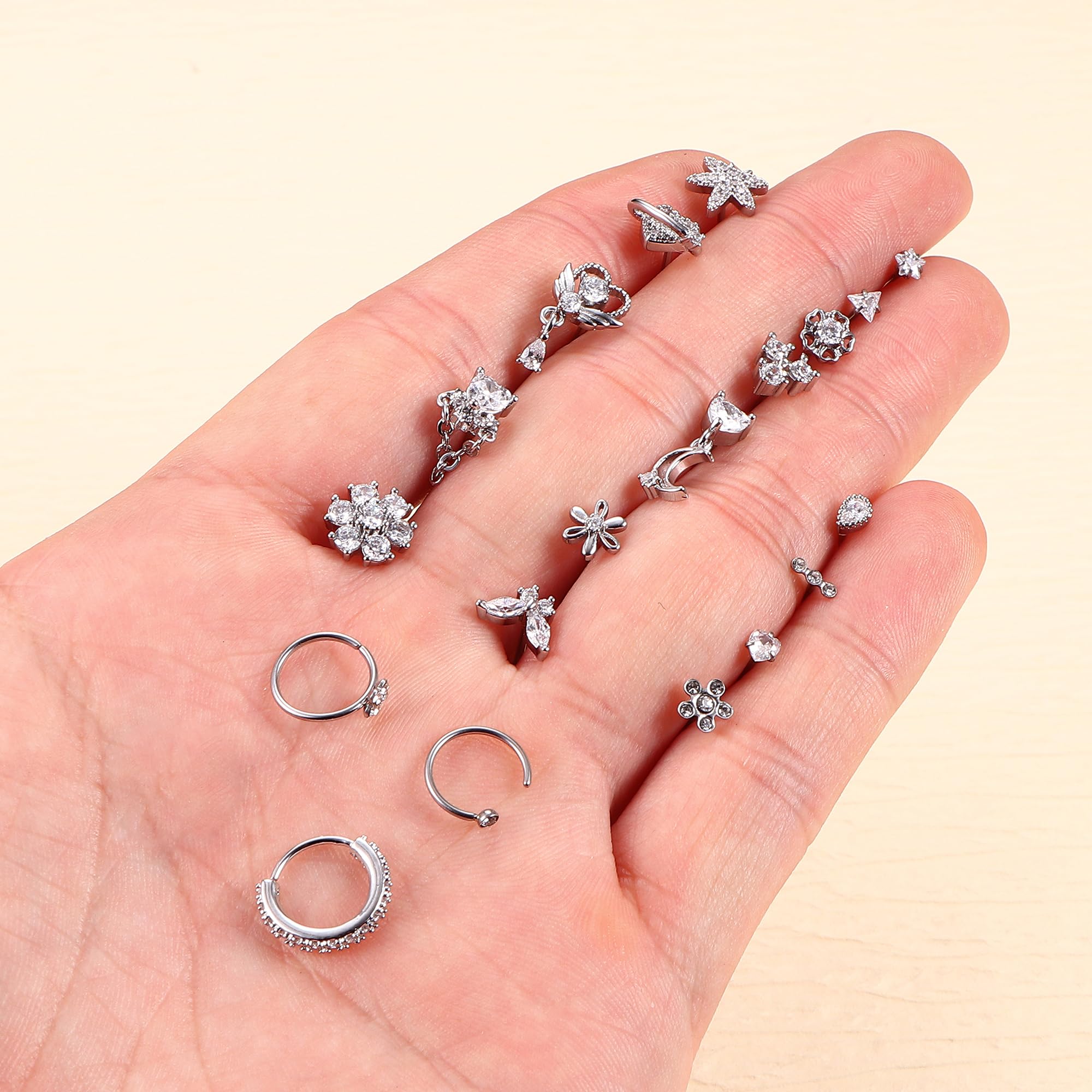 Milacolato 20Stück Nasenpiercing Silber Nasenring Nasenstecker Nasenpiercing Set Nasenpiercing Stecker mit CZ Chirurgenstahl Nostril Piercing Schmuck Damen 20G