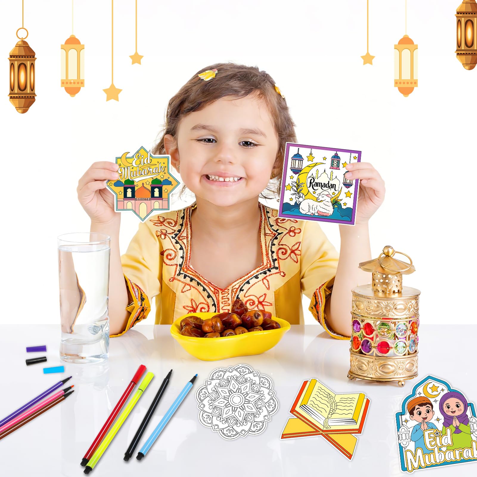 HOWAF 24 PCS Ramadan Crafts Fridge Magnet Kit, Color Your Own Eid DIY Fridge Magnet Include 24 Magnet Paint Pens Eid Mubarak Gifts for Kids Party Supplies Home School Activities