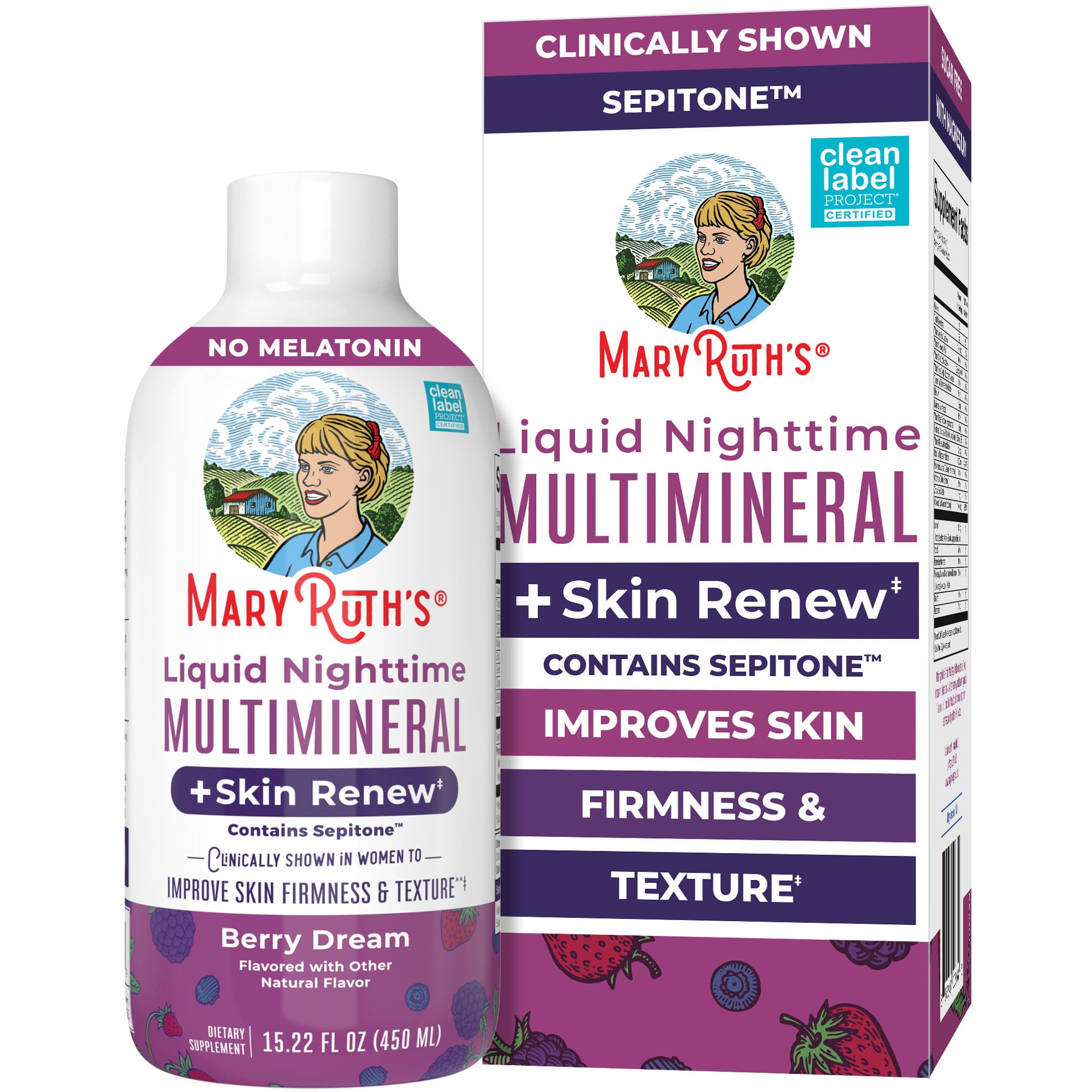 MaryRuth's Liquid Nighttime Liquid Multimineral + Skin Renew | Clinically Shown in Women to Reduce Fine Wrinkle & Improve Skin Firmness | Sepitone | NO Melatonin | Magnesium | Vegan | 15 Servings Berry 15.22 Fl Oz (Pack of 1)