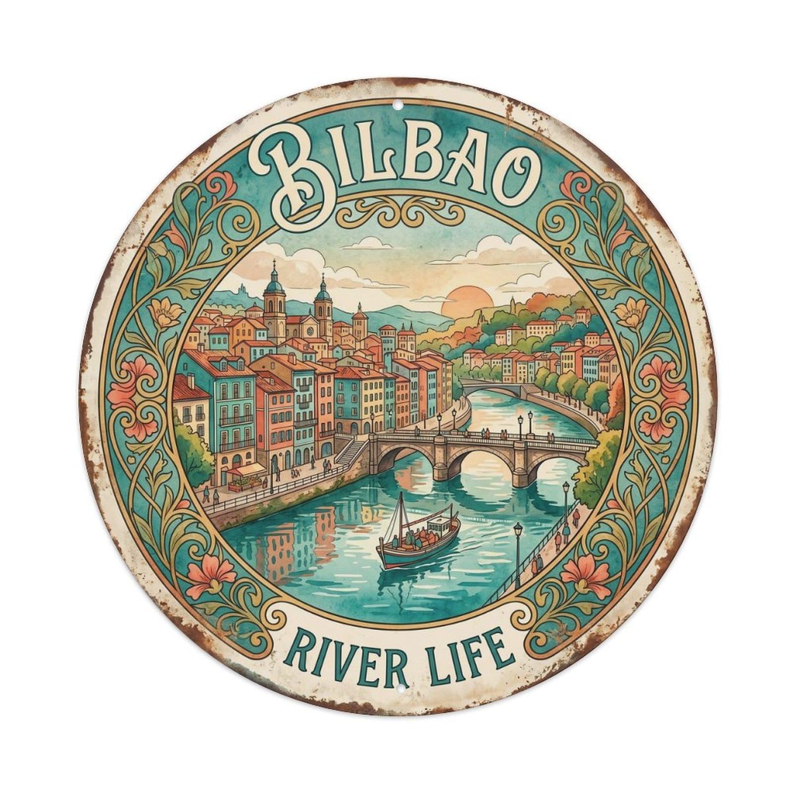 Vintage Travel Riverside Bilbao Waterfront Metal Tin Sign