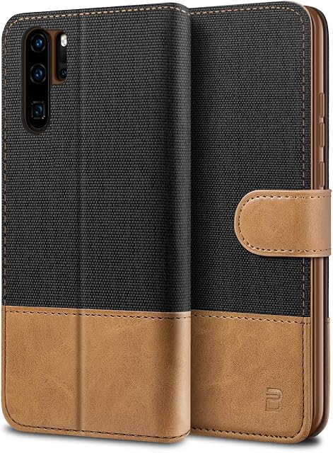 BEZ Huawei P30 Pro Case, Huawei P30 Pro Phone Case Compatible for Huawei P30 Pro, Wallet Cover [Canvas Faux Leather] with Credit Card Holders, Kick Stand, Magnetic Strap Closure, Black
