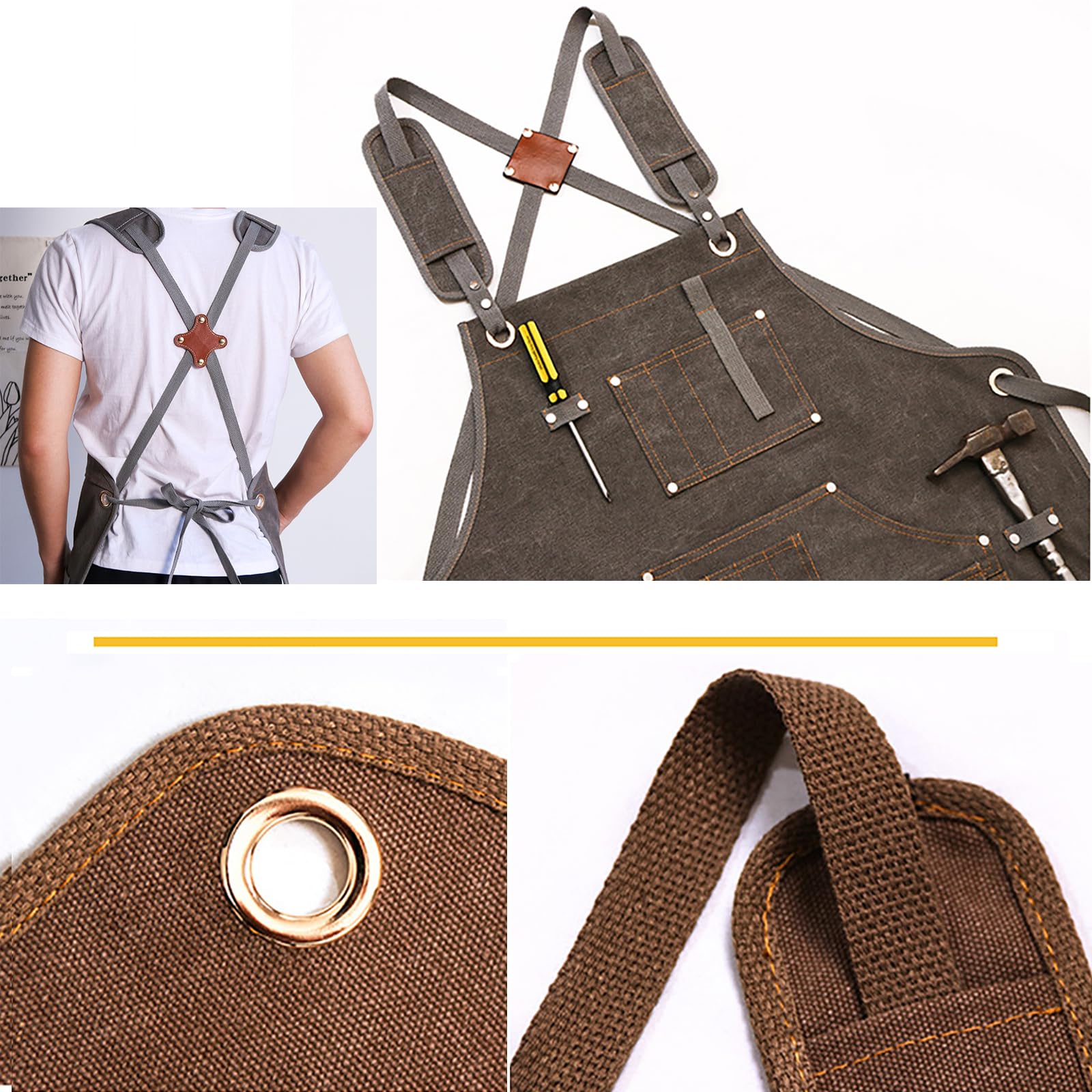 Leinwand Schürzen Mit Tasche Werkzeug Werkstatt DIY Zuhause/Garten Taille/Hals Einstellbar Riemen Arbeitsschürzen Männer, FrauenGrey,One Size