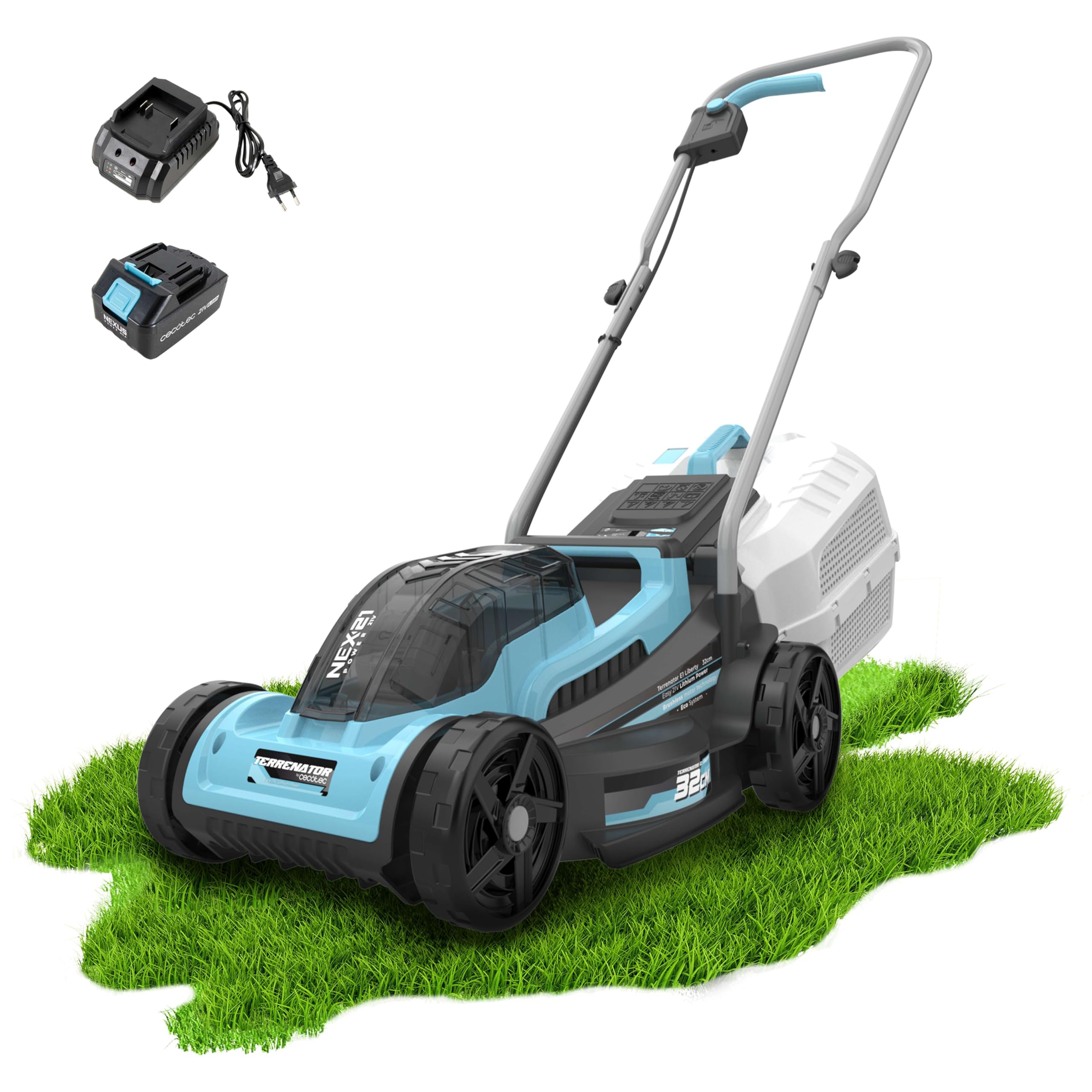 Cecotec Tondeuse à Gazon à Batterie sans Fil Terrenator E1 Liberty. Moteur sans Balais Brushless, Fonctionne avec 1 Batterie 21 V 4 Ah, Hauteur de Coupe Réglable, Largeur 32 cm, Bac 30 L
