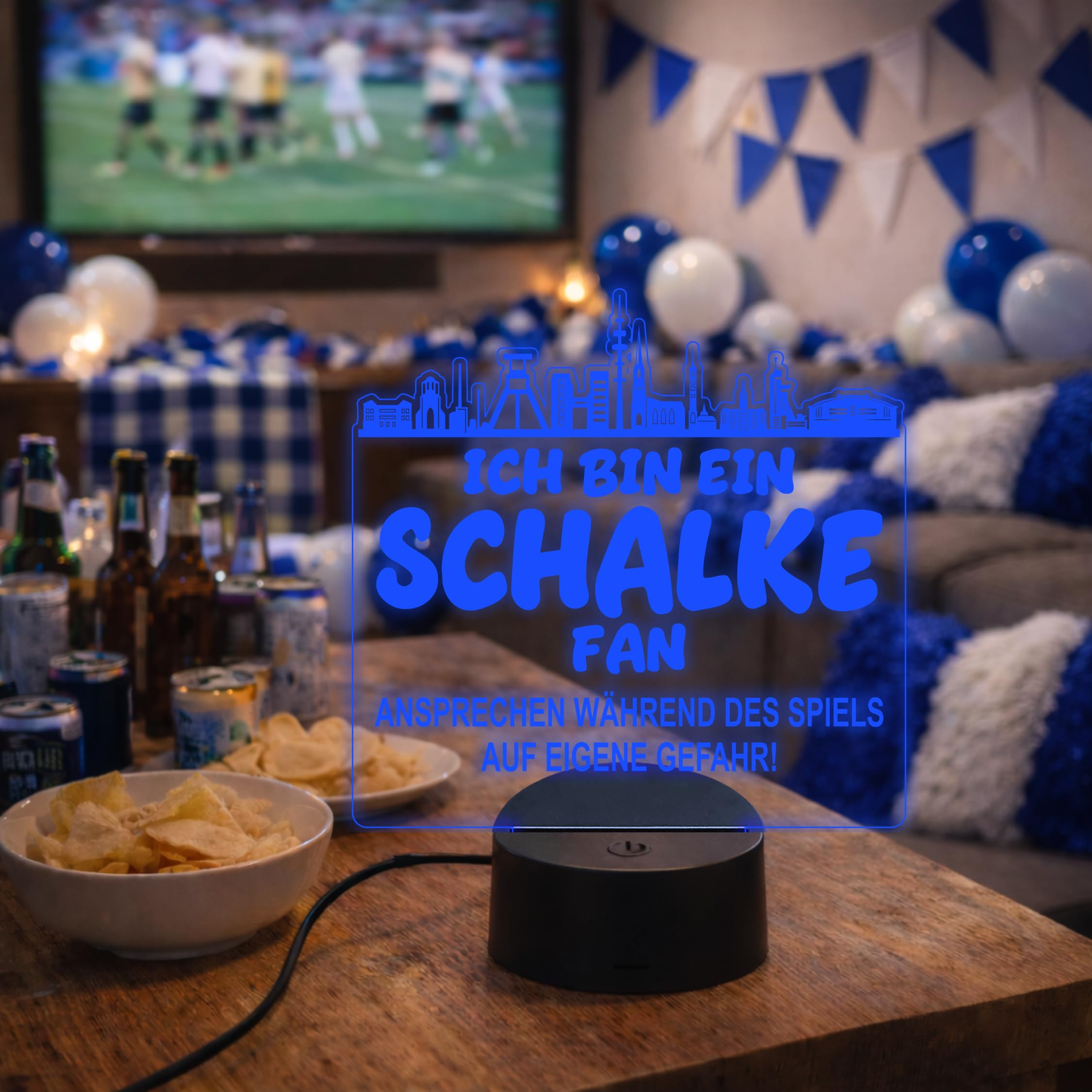Lieblingsmensch Schalke Fan Fußball LED Nachtlicht – 3D Skyline Design „Ansprechen auf eigene Gefahr“ – RGB Farbwechsel mit Fernbedienung & Touch – Stimmungslicht für die Man Cave – 19x23cm
