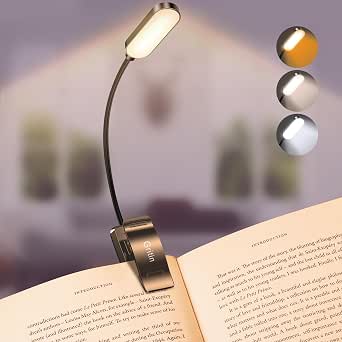 Gritin Leselampe Buch Klemme, USB C Wiederaufladbare Buchlampe mit 16 LEDs | 3 Farbtemperatur Modi (Weiß/Bernstein/Gemischt), Stufenlose Helligkeit Klemmlampe, 360° Flexibel für Nachtlesen ins Bett