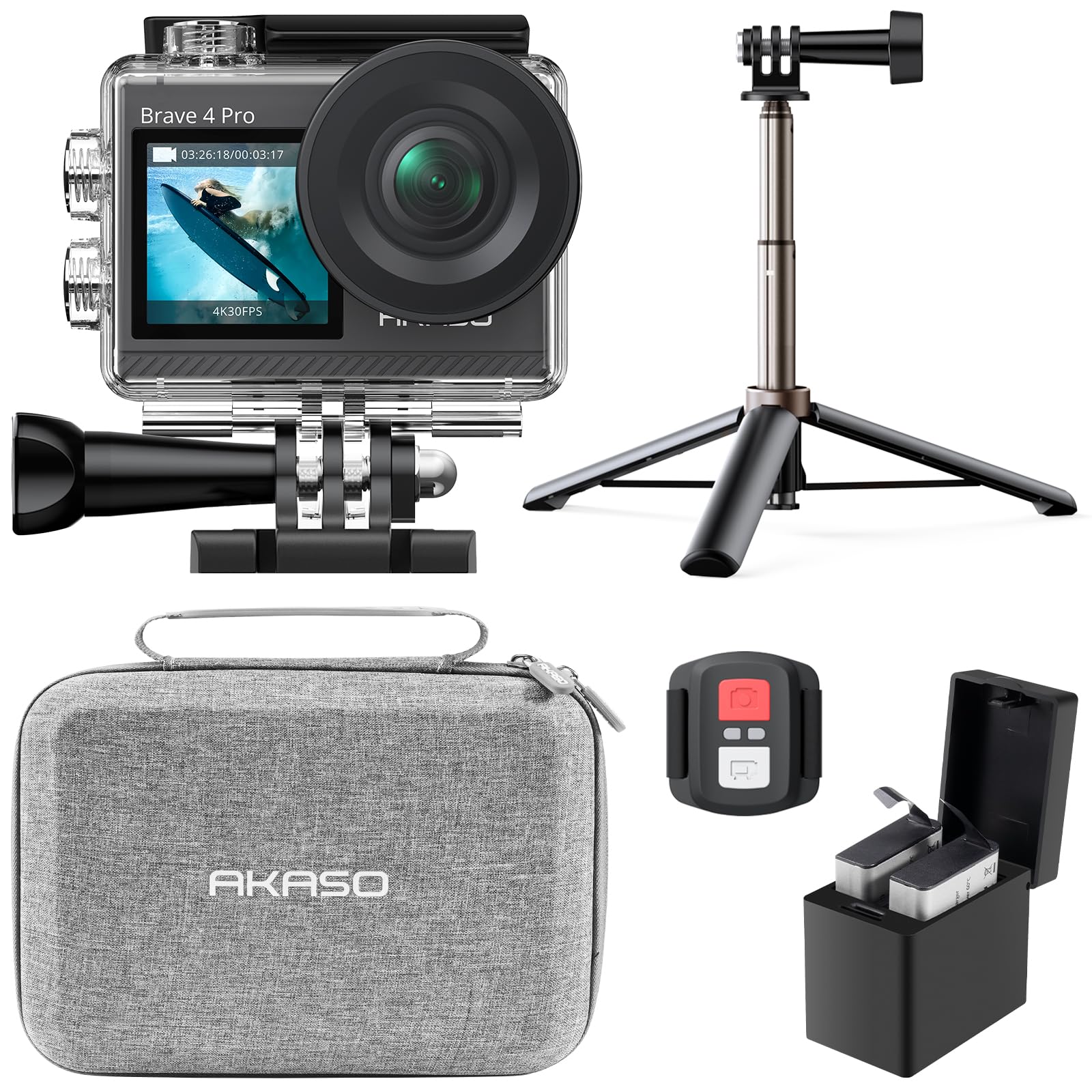 AKASO Brave 7 Action Cam 4K30FPS met 128GB U3 microSDXC geheugenkaart, 20 MP, wifi, onderwatercamera, IPX8 waterdicht, met touchscreen, zoom, spraakbesturing en 2 x 1350 mAh batterijen