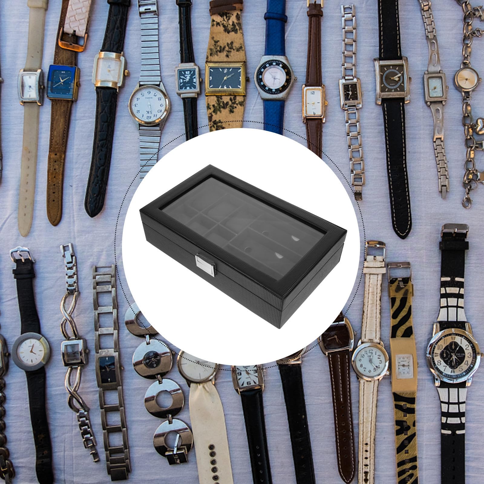 Veemoon Caja para Gafas y Reloj de 6 Compartimentos Vidrio Negro