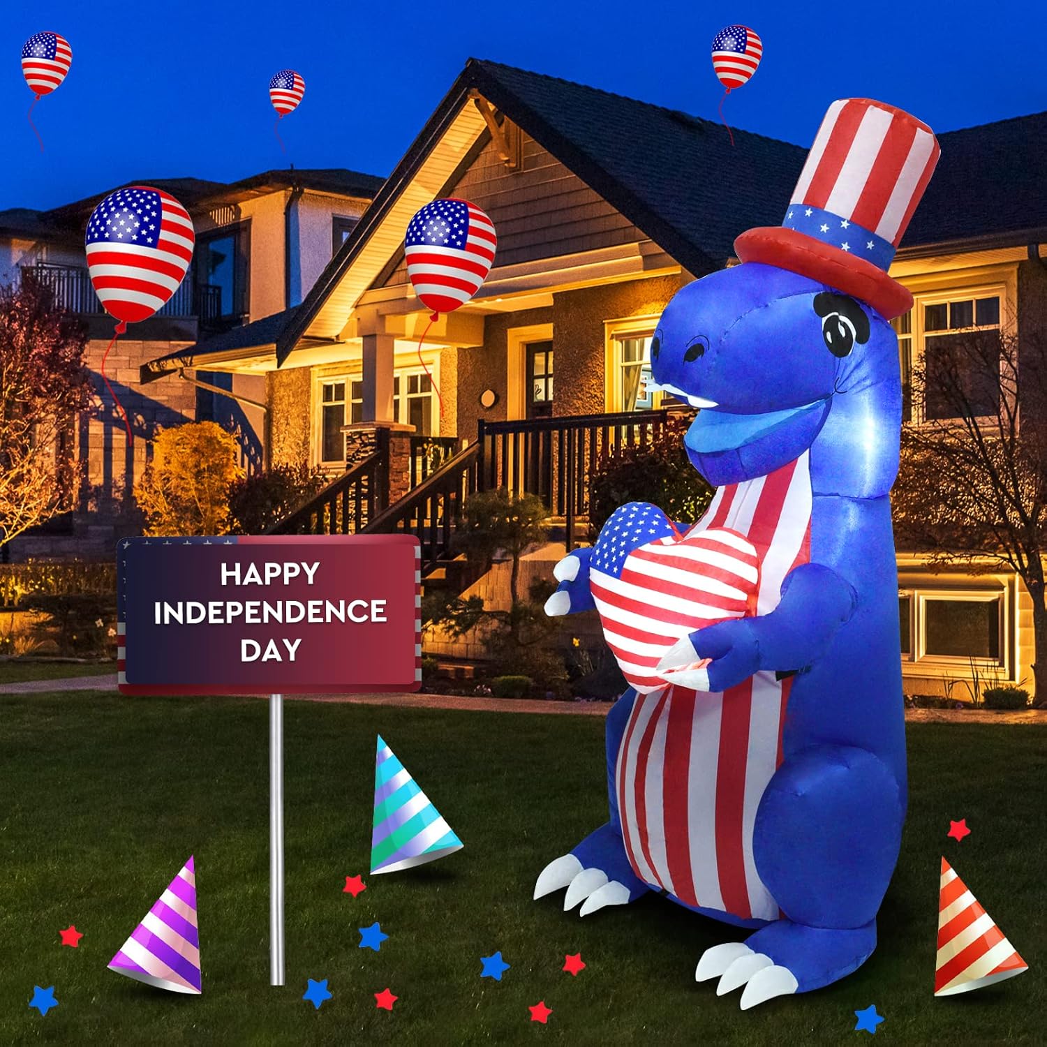 HZGDEJTG 5ft Independence Day Dinosaur Inflatable Outdoor Decoration with Built-in LED Lights to Light Up Your Yard for Patio, Lawn and Holiday Parties