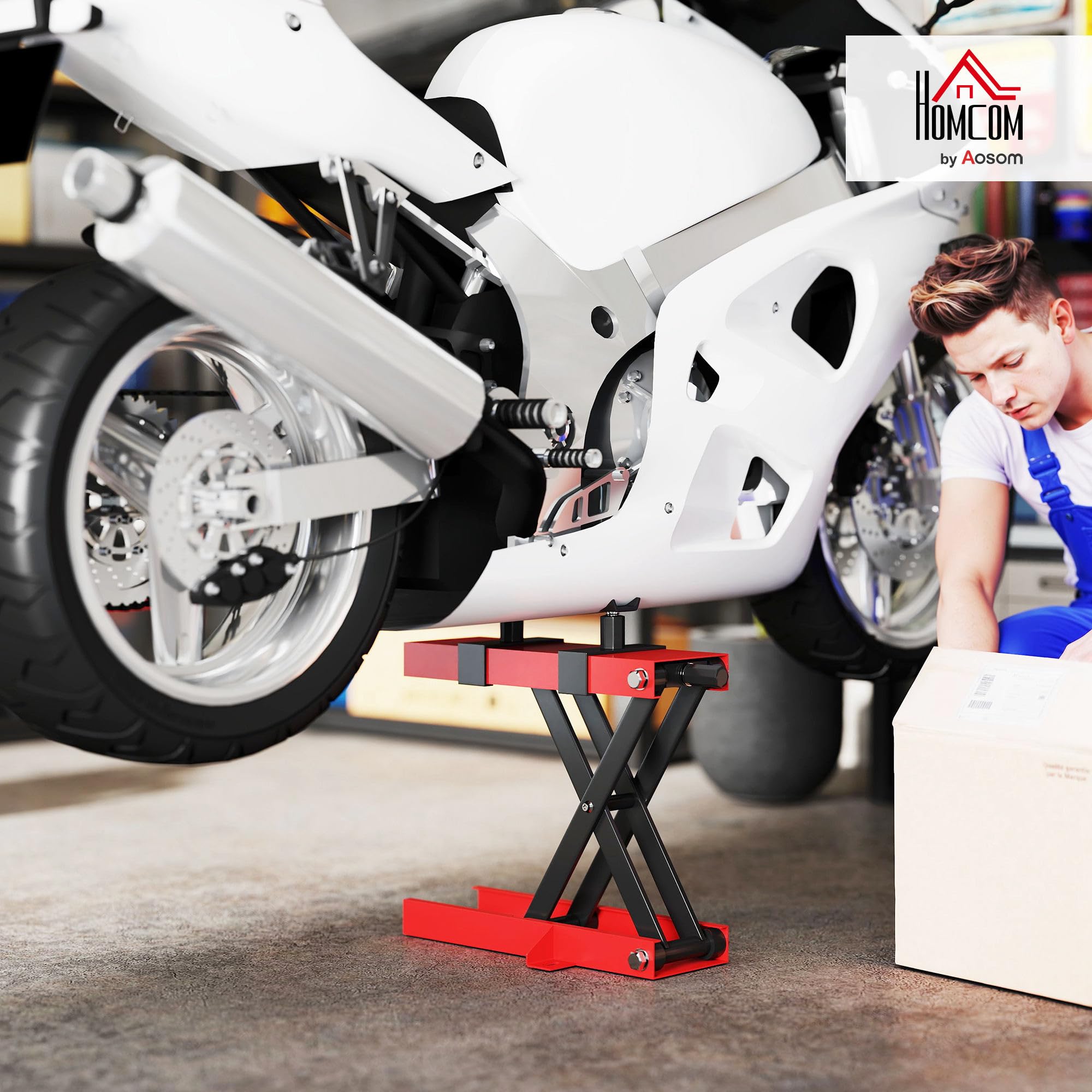 HOMCOM Sollevatore Moto in Acciaio Max 500kg, Cavalletto Alzamoto Pieghevole con Altezza Regolabile 9.5-40 cm e Manovella, Piattaforma da 45x15 cm, Rosso