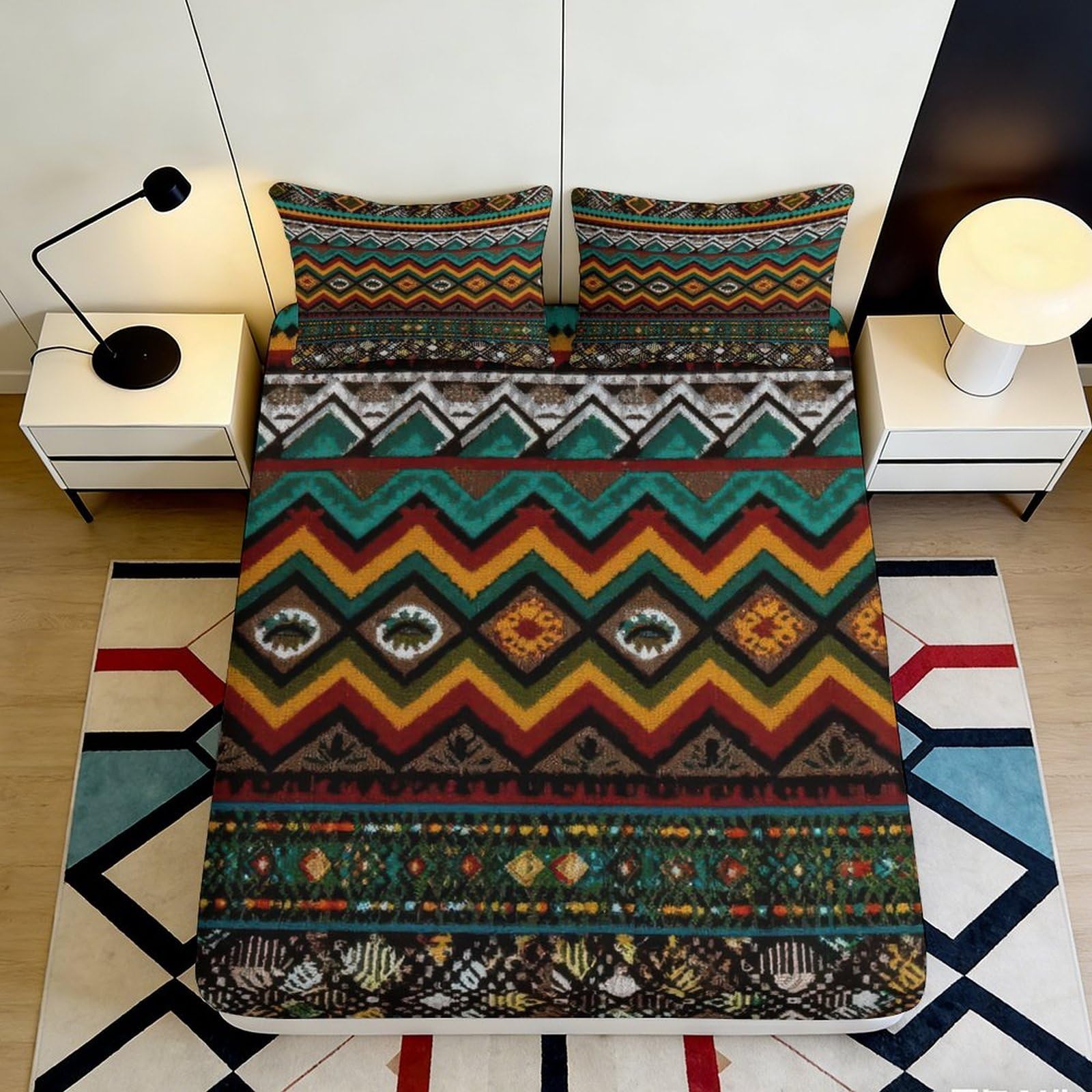 Pnayamiorkfel Style-9 3D Printed Tribal Aztec Fitted Sheet Microfiber Colorful Geometric Ethnic Mattress Cover Bedroom Dorm Protection Decor 90X200x25cm