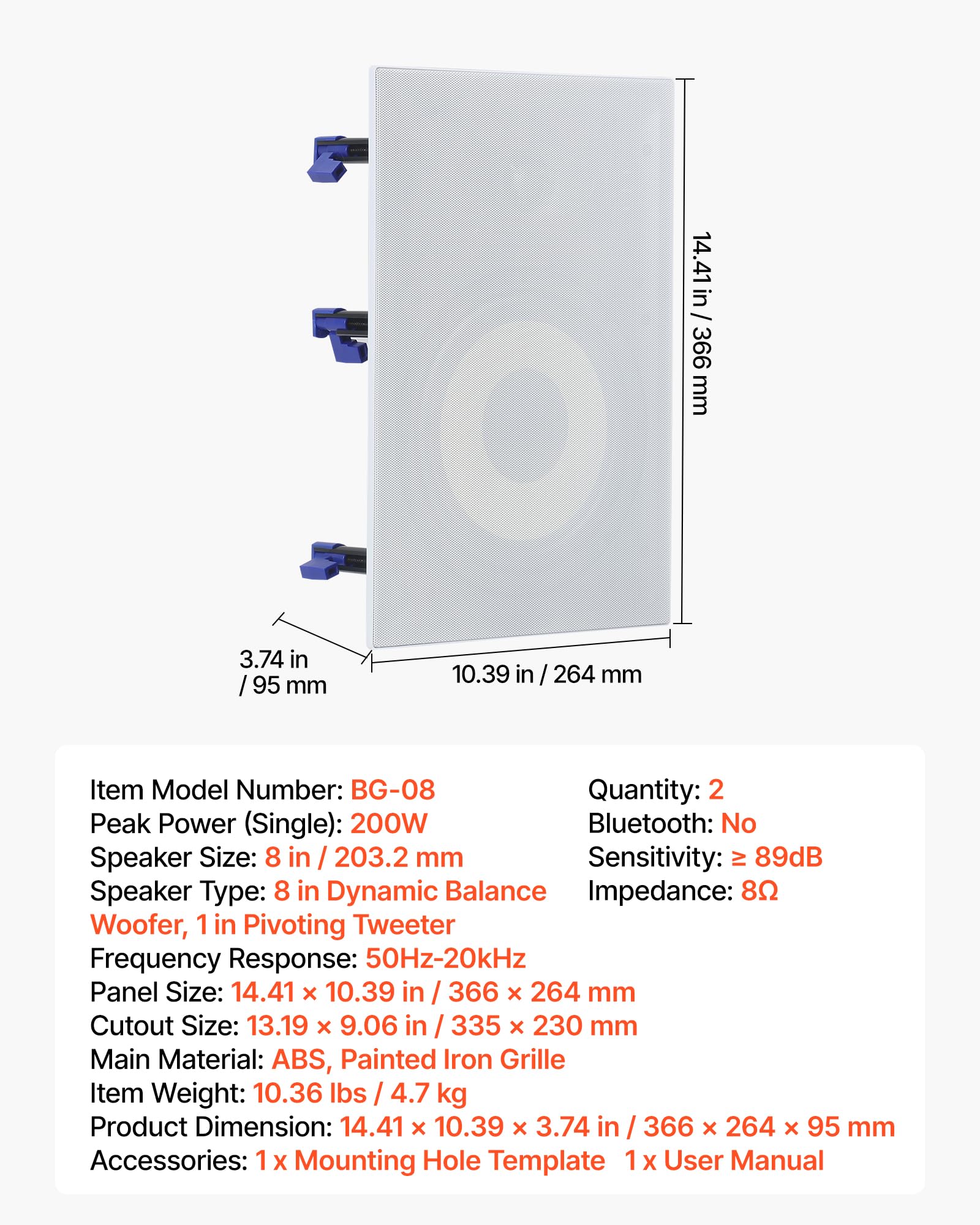 VEVOR Altoparlanti da Incasso Montaggio da Parete, 1 Coppia di Altoparlante a 2 Vie per Uso Interno Hi-Fi Griglia Verniciabile Potenza di Picco 200W Singolo, Forma Rettangolare Impedenza 8 Ω