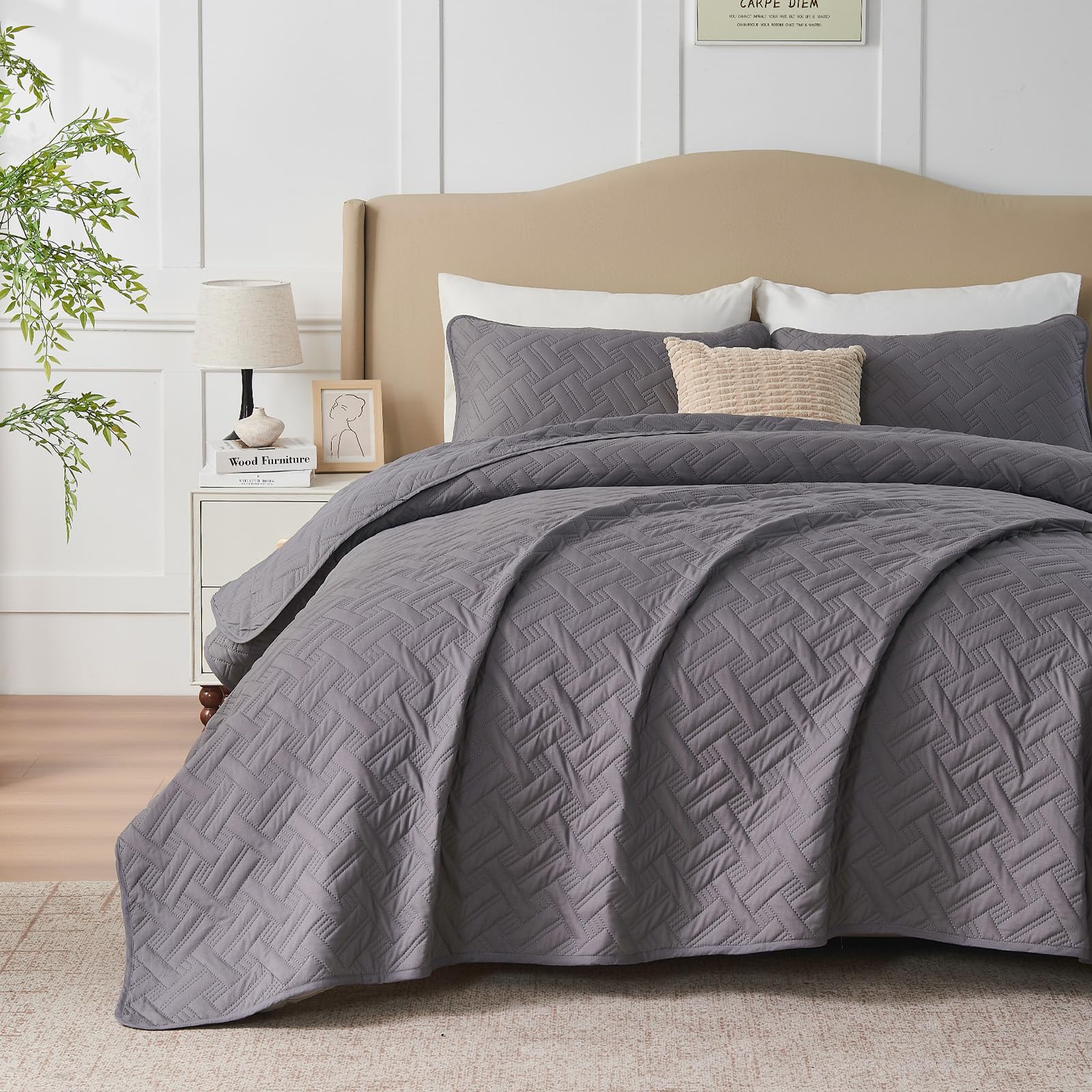 Quilt Set Double Size 3 Pieces, Lightweight Microfiber Basket Pattern Bedspreads for All Season, Grey Soft Summer Coverlet Set with Ultrasonic Quilting Technology