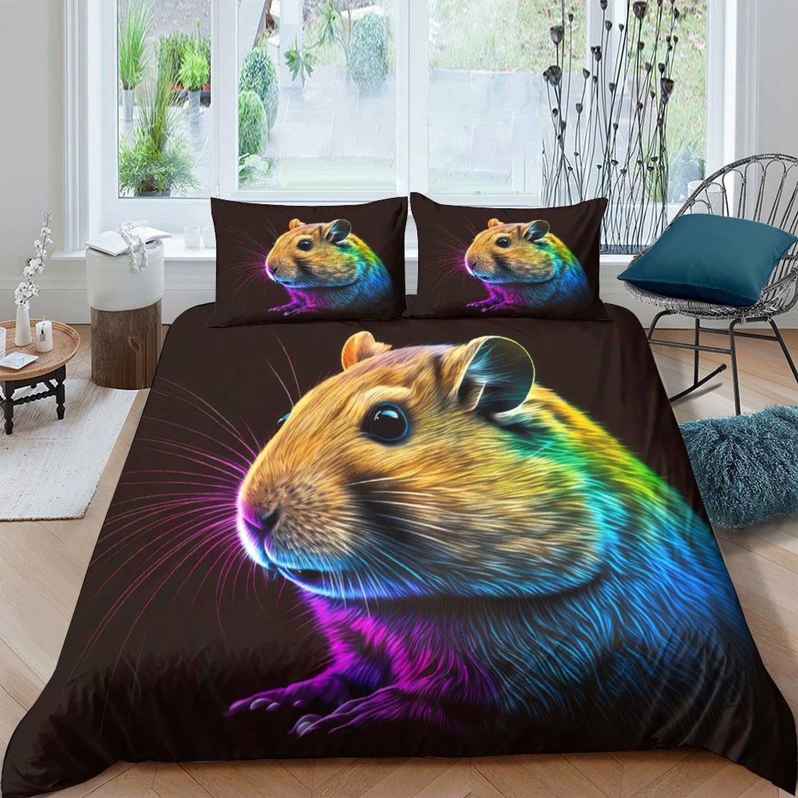 GPLZQXKJNH 3D Printed Rainbow Hamster Duvet Cover Microfiber Soft Breathable Neon Animal Bedding Set with 2 Pillowcases for Bedroom Decor Single（135x200cm）