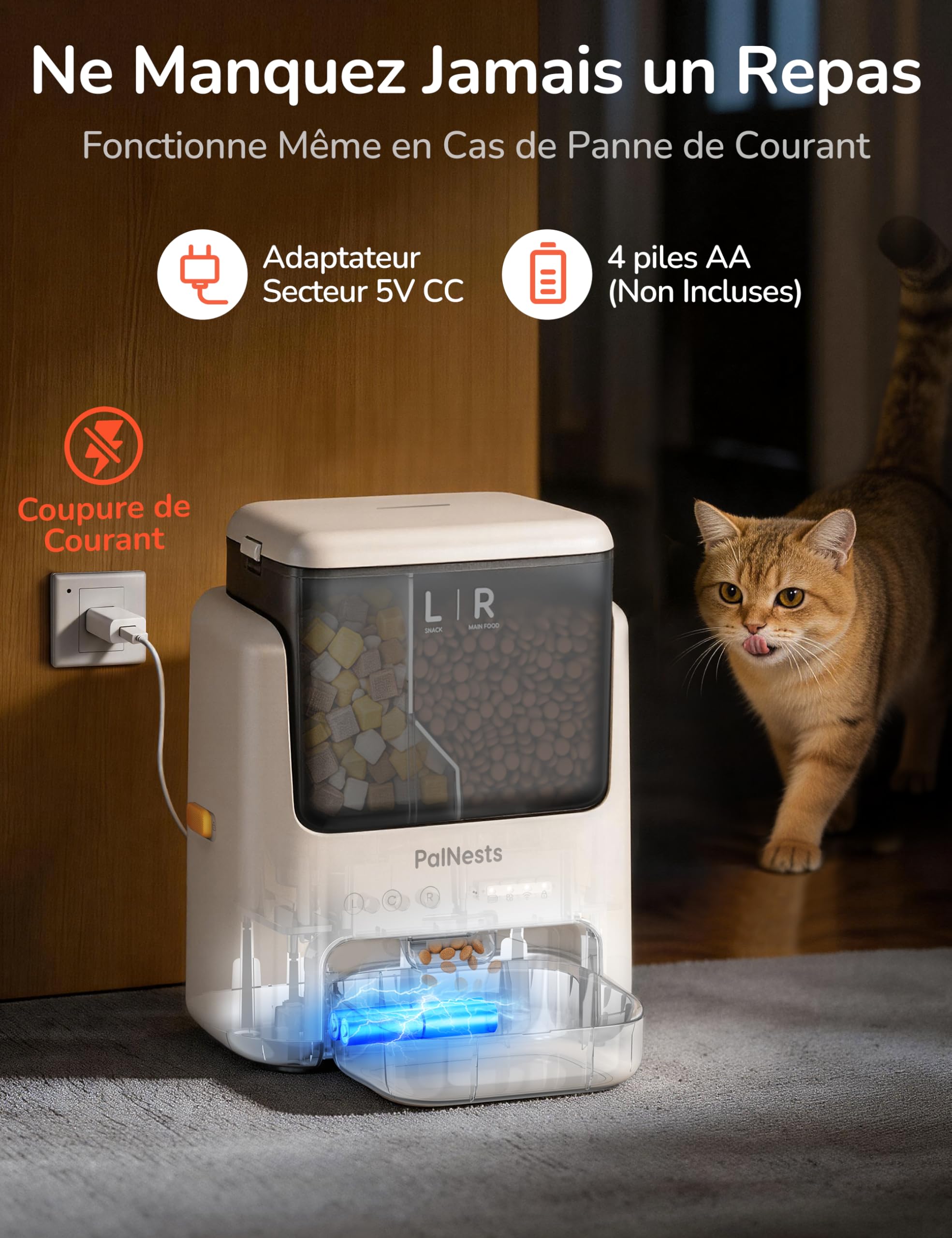 Distributeur de Croquettes pour Chat Automatique PalNests, Distributeur à Double Trémie 5L, Nourriture Connectée 5G/2.4G avec Programme Personnalisé, Bol en Acier Inoxydable