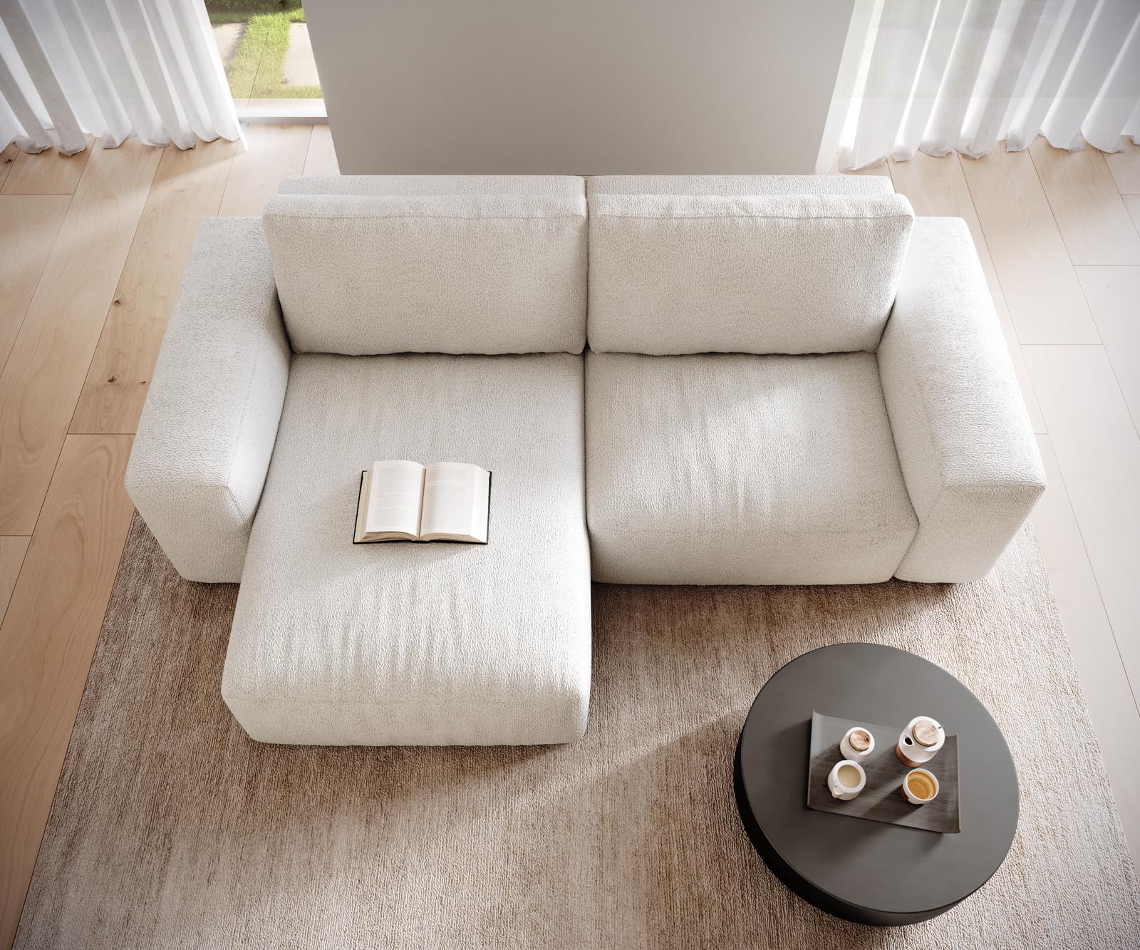 DELIFE Eckcouch Lanzo Bouclé Creme-Weiß 230x155 cm Recamiere variabel