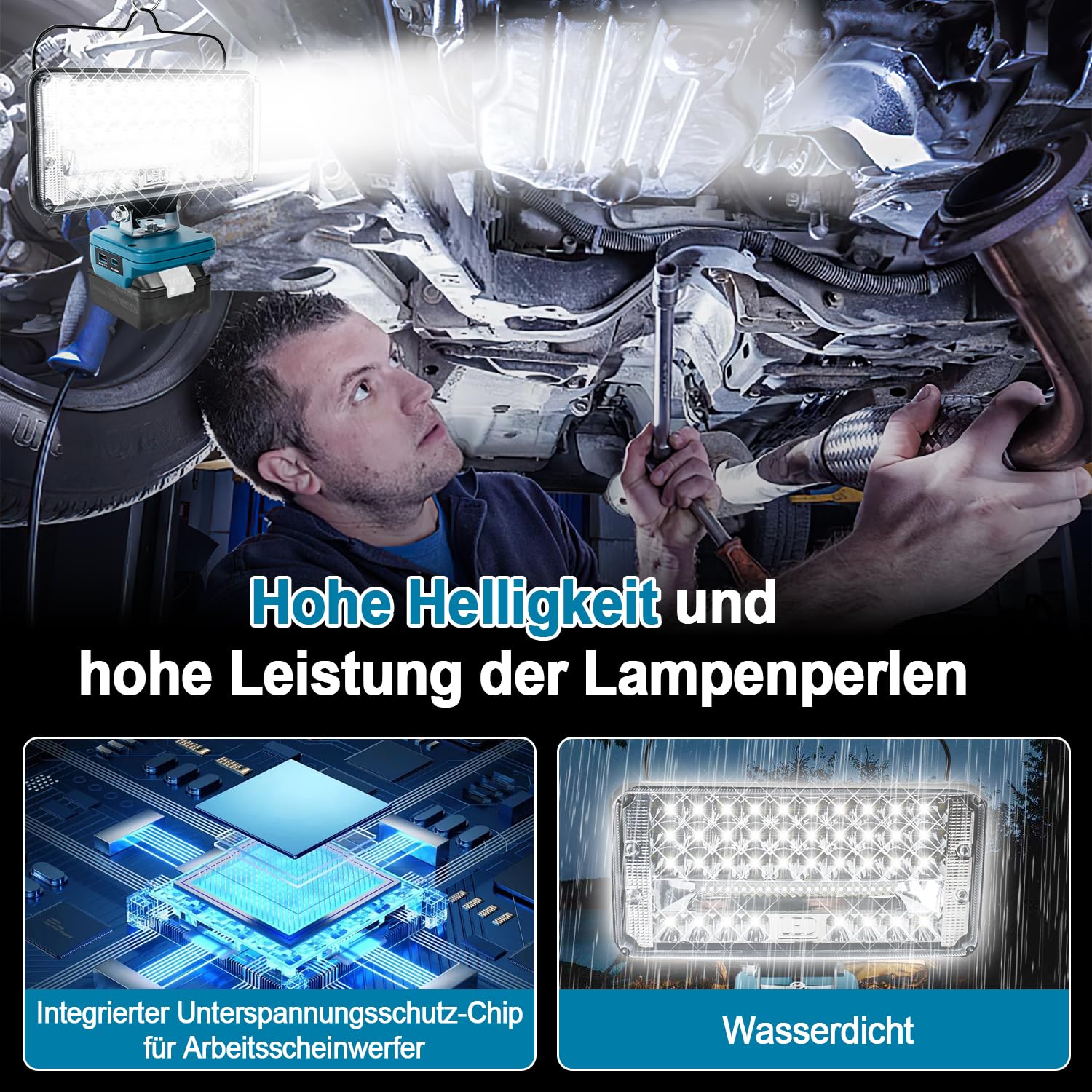Acculamp voor Makita 18/21 V, 60 W, 2 Helderheidsinstellingen, Draadloze Led -Werklamp, Accu, 6000 Lumen, Draagbare Led-Spot, Accuspot, Bouwplaatslamp met Type C en USB-Opladen (Geen Accu