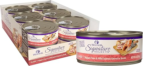 Wellness CORE Signature Selects Alimento enlatado sin granos, atún saltador en escamas y salmón silvestre en caldo, 5.3 onzas (paquete de 12)