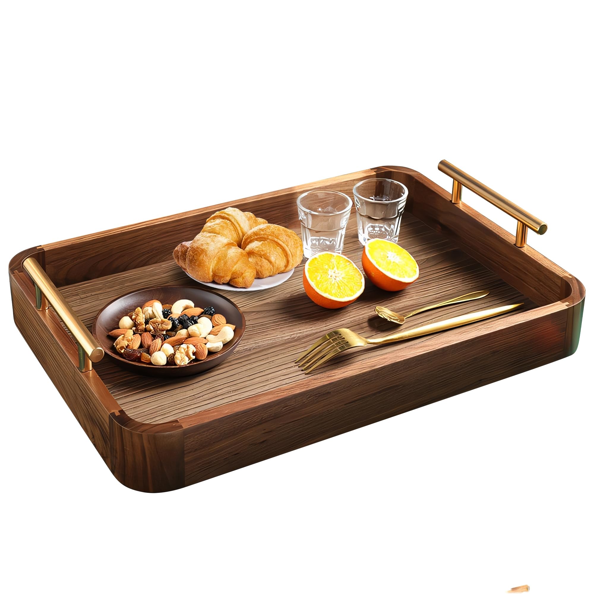 Bandeja vintage de madera de nogal negro con mango de metal, bandeja de comida y bebida para mesa de café, cena de desayuno y bar, suministros de cocina, decoración de cocina, bandeja de pan y frutas
