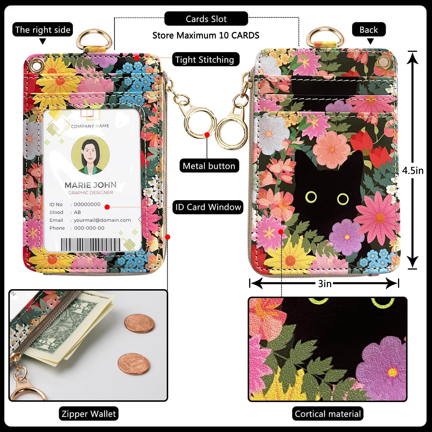 bolimoss Black Cat Flower Lanyard Wallet,Pu Leather Women Zid ID Case with Lanyards,Cute Neck & Wrist Lanyard Keychain for Women, Teacher, Nurse, Office Name Tag Badge Holder ID Card Holder - Image 4