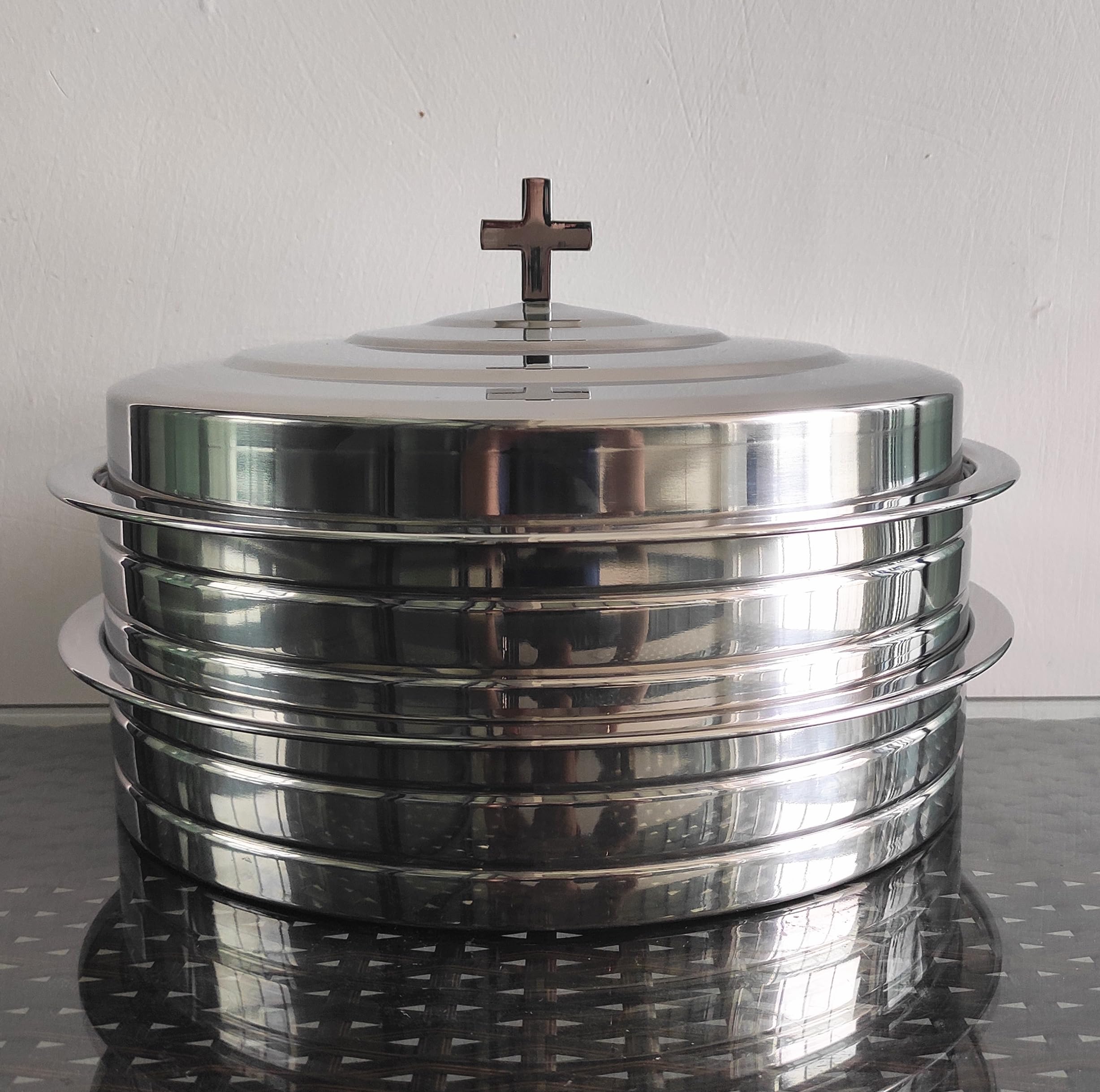 Bandeja de acero inoxidable pulido para 2 tazas de comunión con 1 cubierta para servicio de iglesia, juego de 2 bandejas apilables para servir comunión para tazas de comunión, bandejas de comunión de