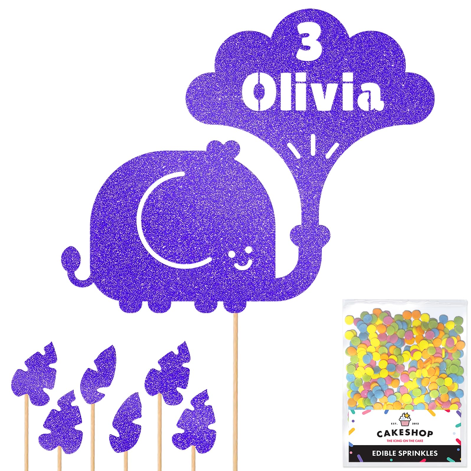 Personalised Jungle Elephant Glitter Cake Topper- Blue Any Custom Age & Name Glitter Cake Decoration and Sprinkles - Happy Birthday Decorations - Personalised Toppers for Cakes by Cakeshop โ image 1