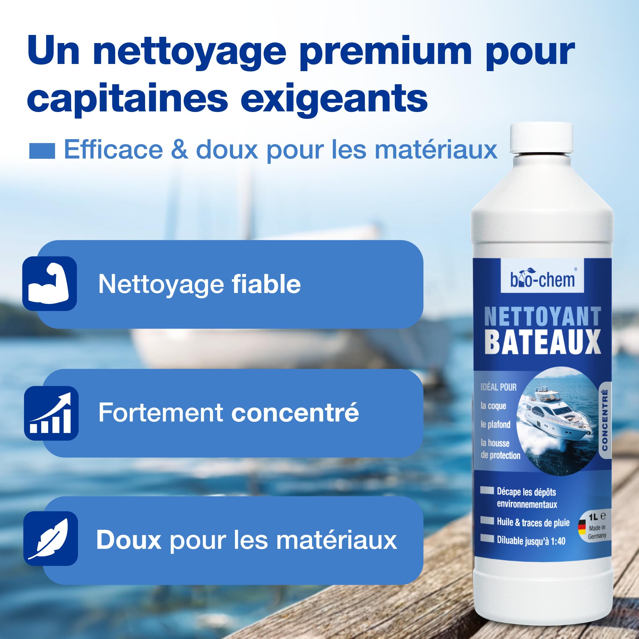 Bio-Chem - Produit de Nettoyage pour Bateau 1L - Entretien de Coques de Bateaux, Navire, Yacht, Kayak - Solution nettoyante pour Bateau pneumatique