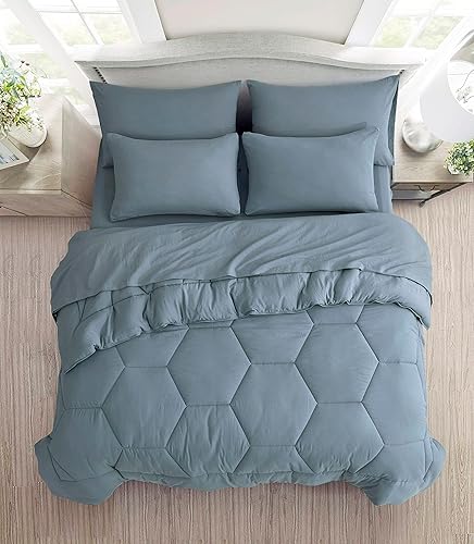 Miniatura 2 de Chezmoi Collection Piper - Juego de cama matrimonial en una bolsa, 7 piezas, acolchado hexagonal de panal de abeja, suave lavado, microfibra de