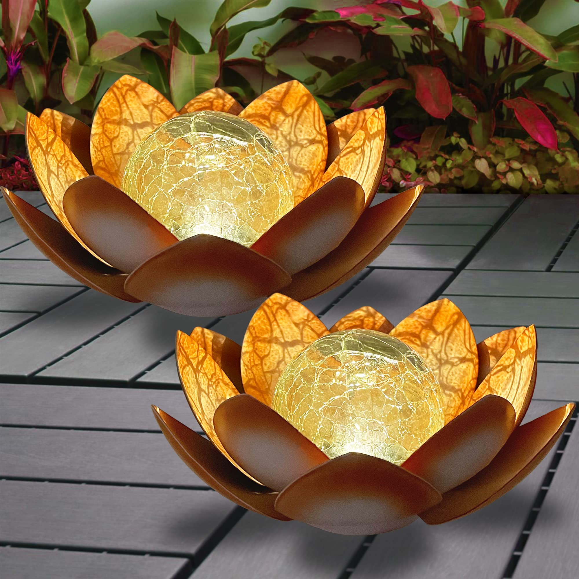 Montex 2 Pack Solar Lights Outdoor Garden Decor LED Crackle Globe Glass Metal Lotus Waterproof Metal Flower Lights for Patio,Lawn (Orange)