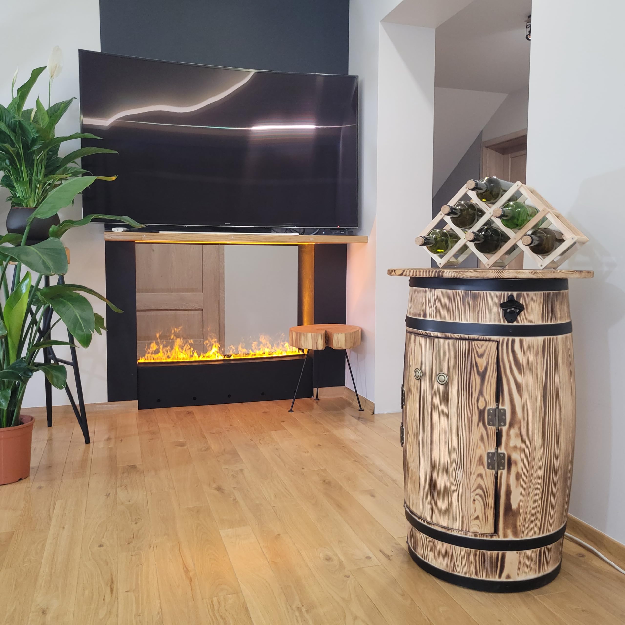 weeco Armoire en bois de pin en forme de tonneau avec étagère et étagère pour 30 à 40 bouteilles - Étagère de bar rustique avec décapsuleur et porte-bouteilles pliable - 80 x 55 x 44 cm - Marron