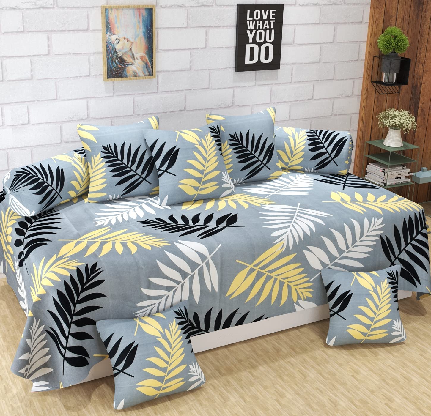 Microfiber Ultrasoft Cotton Fabric 8 Pieces Diwan Set Covers of 1 Bedsheet 2 Bolster Covers and 5 Cushion Covers (Orange Blocks)-image-29