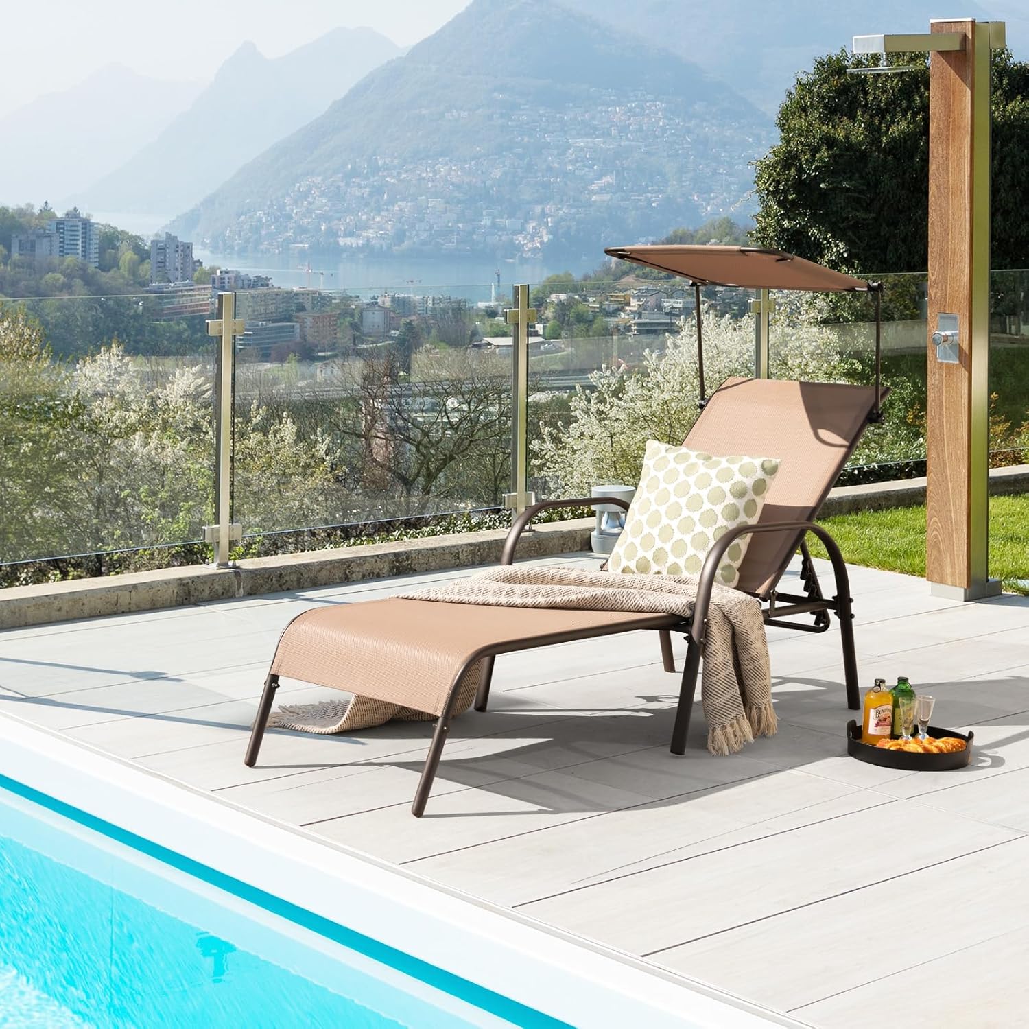 Brown Metal Outdoor Chaise Lounge with Adjustable Canopy and Cup Holder