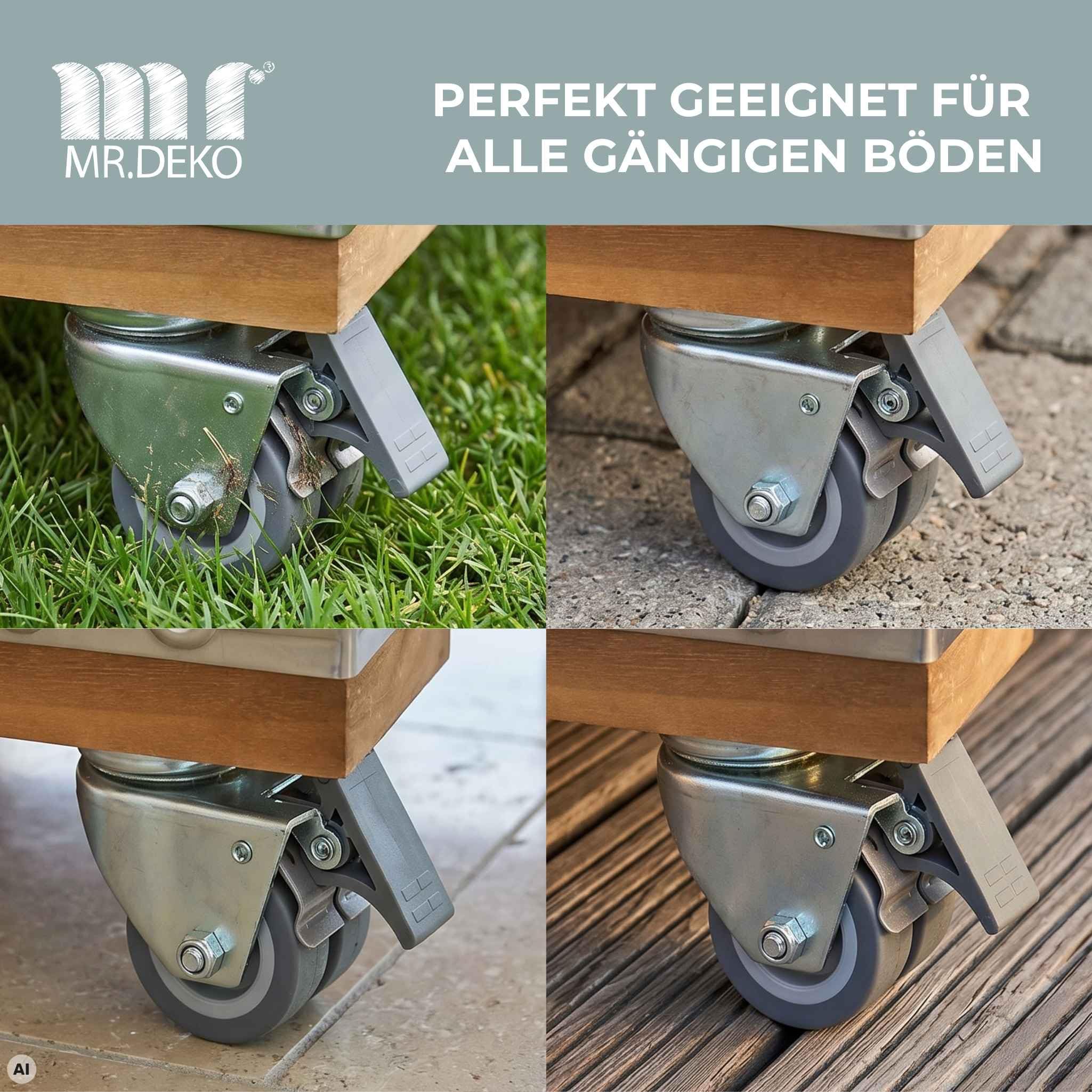 MR. DEKO Strandkorb-Rollen 6er Set mit Feststeller | Strandkorbrollen Ø52 mm Terrasse | Doppellenkrollen Schwerlast-Rollen 100kg | Gartenmöbel-Rollen Set 6 Stück Rostfrei