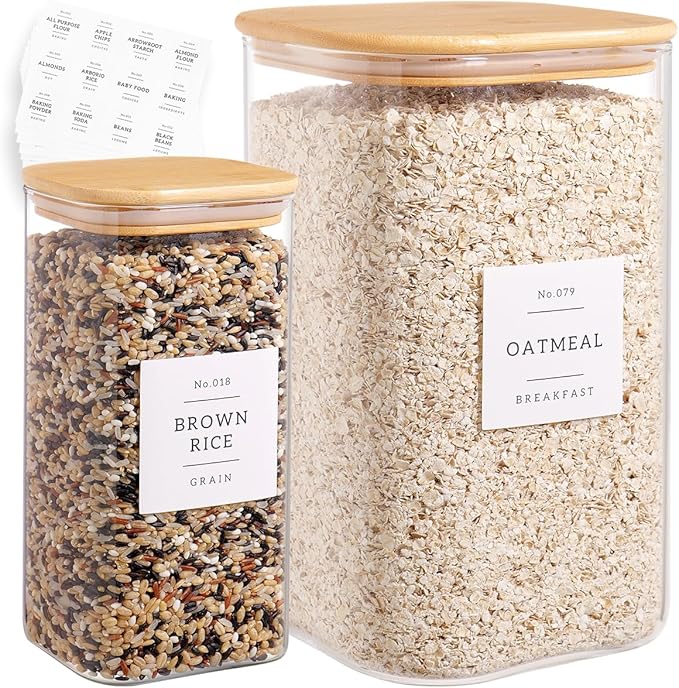 Glass Pantry Storage Containers with 132 Kitchen Pantry Labels, 138/50 oz Large Square Flour and Sugar Containers with Airtight Lids, Gallon Glass Jars with Bamboo Lids for Rice, Pasta, Cookies, grain - 138/50OZ